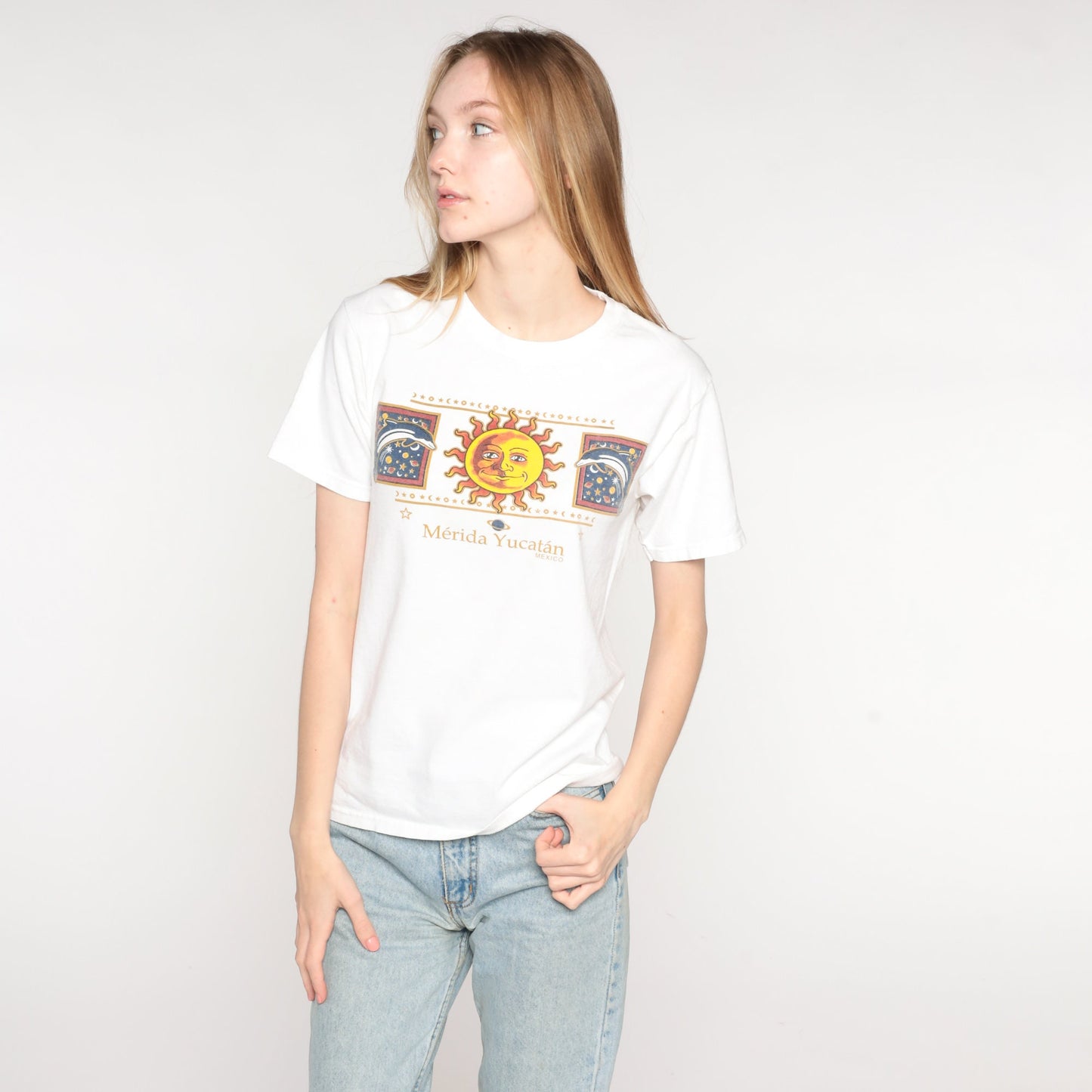 Y2K Merida Yucatan Dolphin Sun Graphic T-Shirt Cotton 00s Small