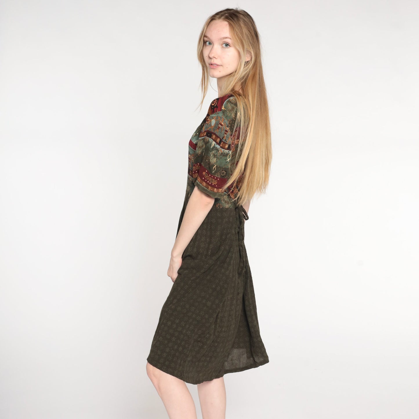 90s Brown Geometric Print Midi Dress High Waist Short Sleeve Plus Size 16W