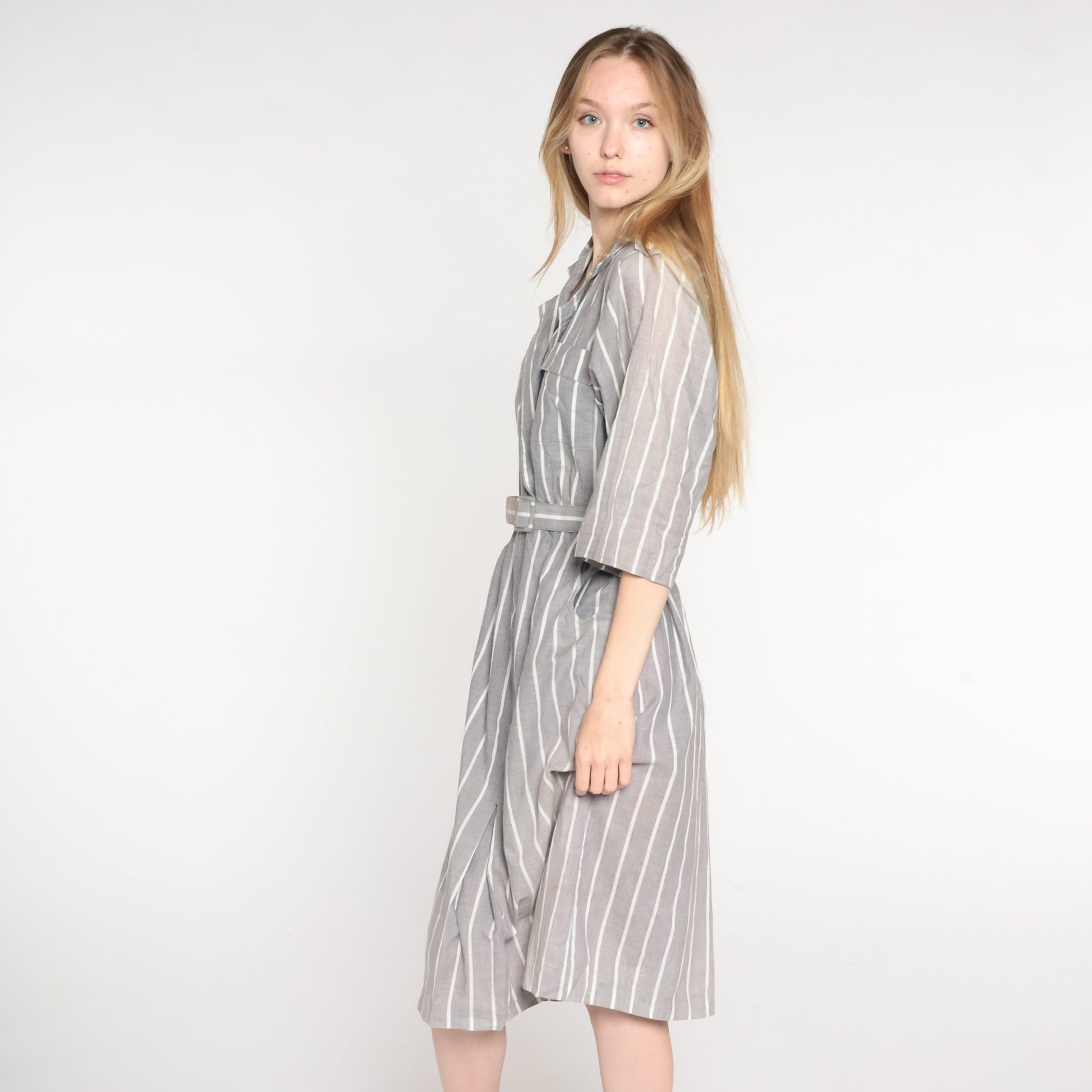 80s Grey & White Striped Midi Wrap Dress V-Neck 3/4 Sleeve Medium