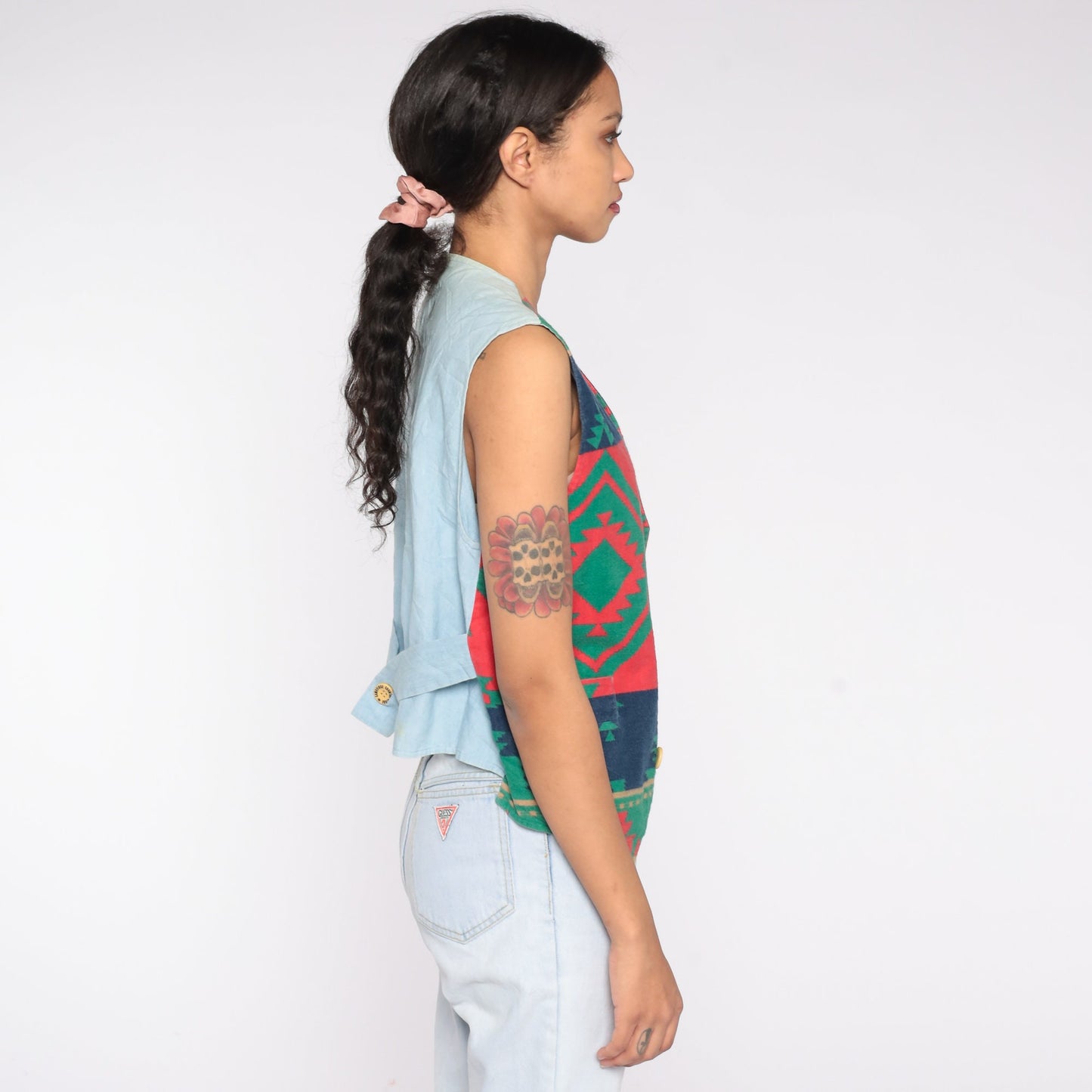 90s Southwestern Vest Cotton Button Up Sleeveless Red Blue Geometric Medium M