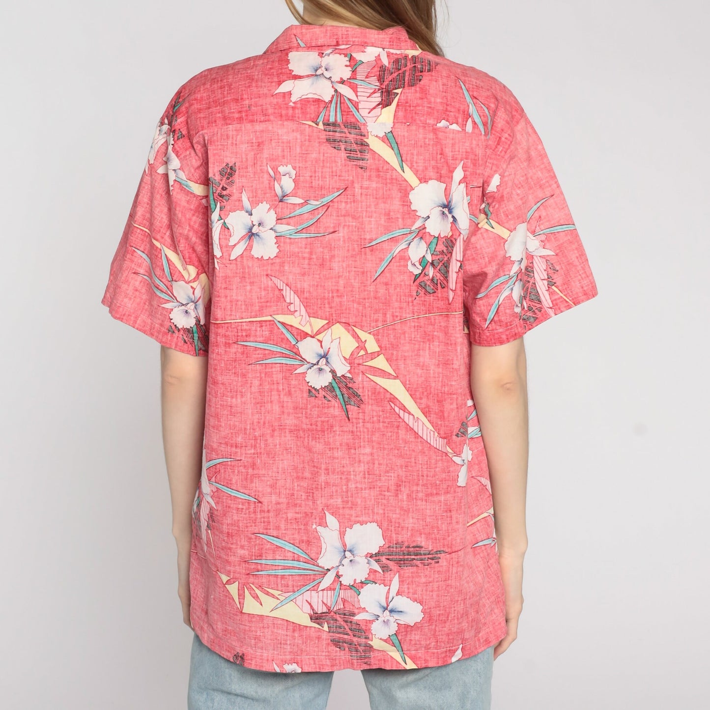 90s Tropical Floral Button-Up Shirt Faded Red Hawaiian Cotton Men's Large
