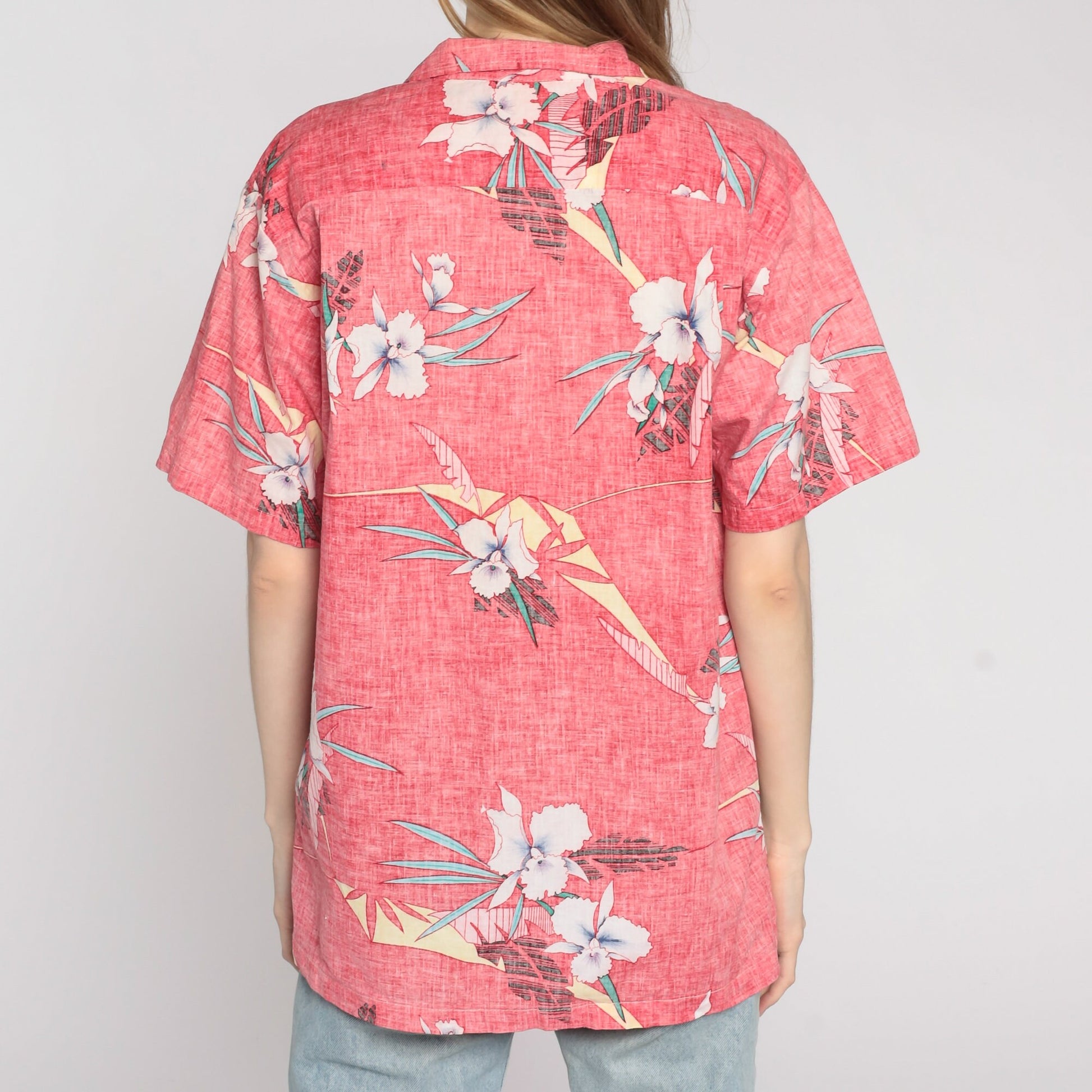 90s Tropical Floral Button-Up Shirt Faded Red Hawaiian Cotton Men's Large