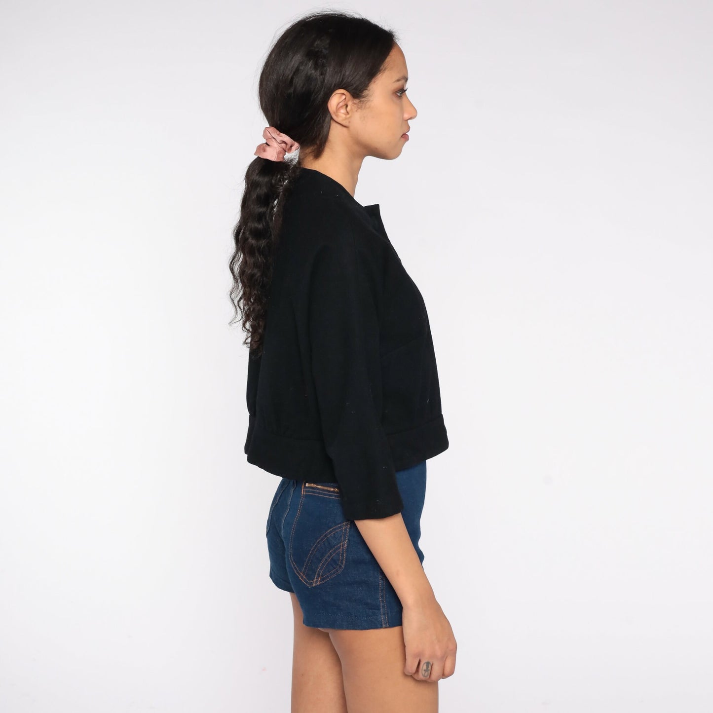60s Black Cropped Jacket Button-Up Blazer Three-Quarter Sleeve Medium