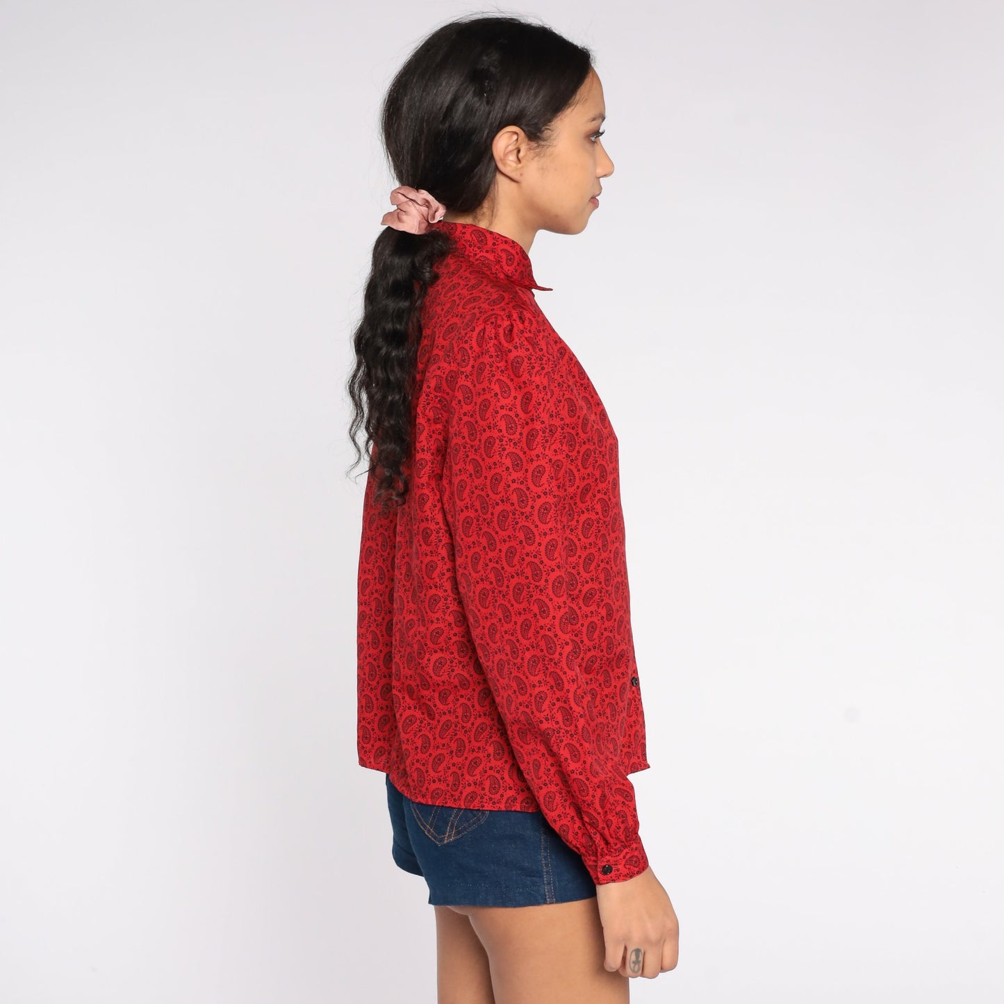 80s Red Paisley Peter Pan Collar Button-Up Blouse Puff Sleeve Medium