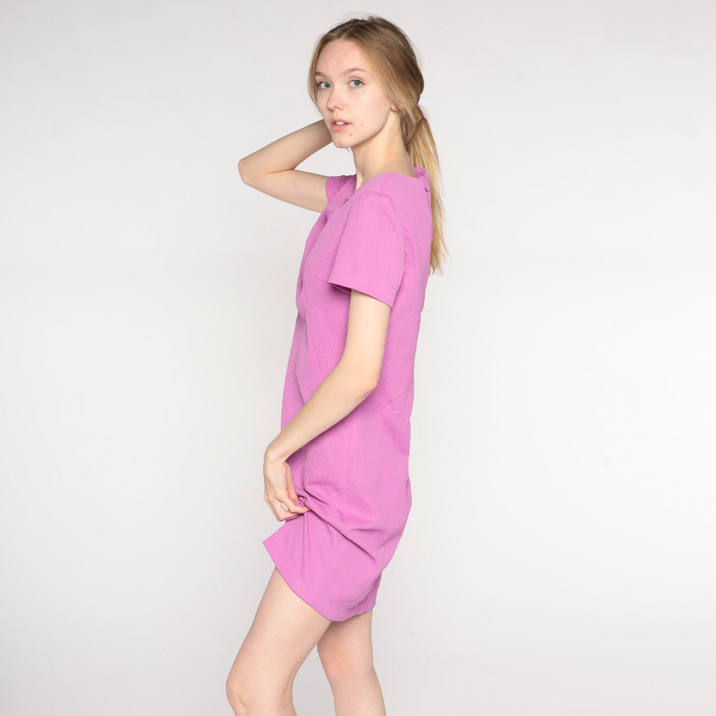 60s Mod Mini Shift Dress Lavender Textured Short Sleeve Medium