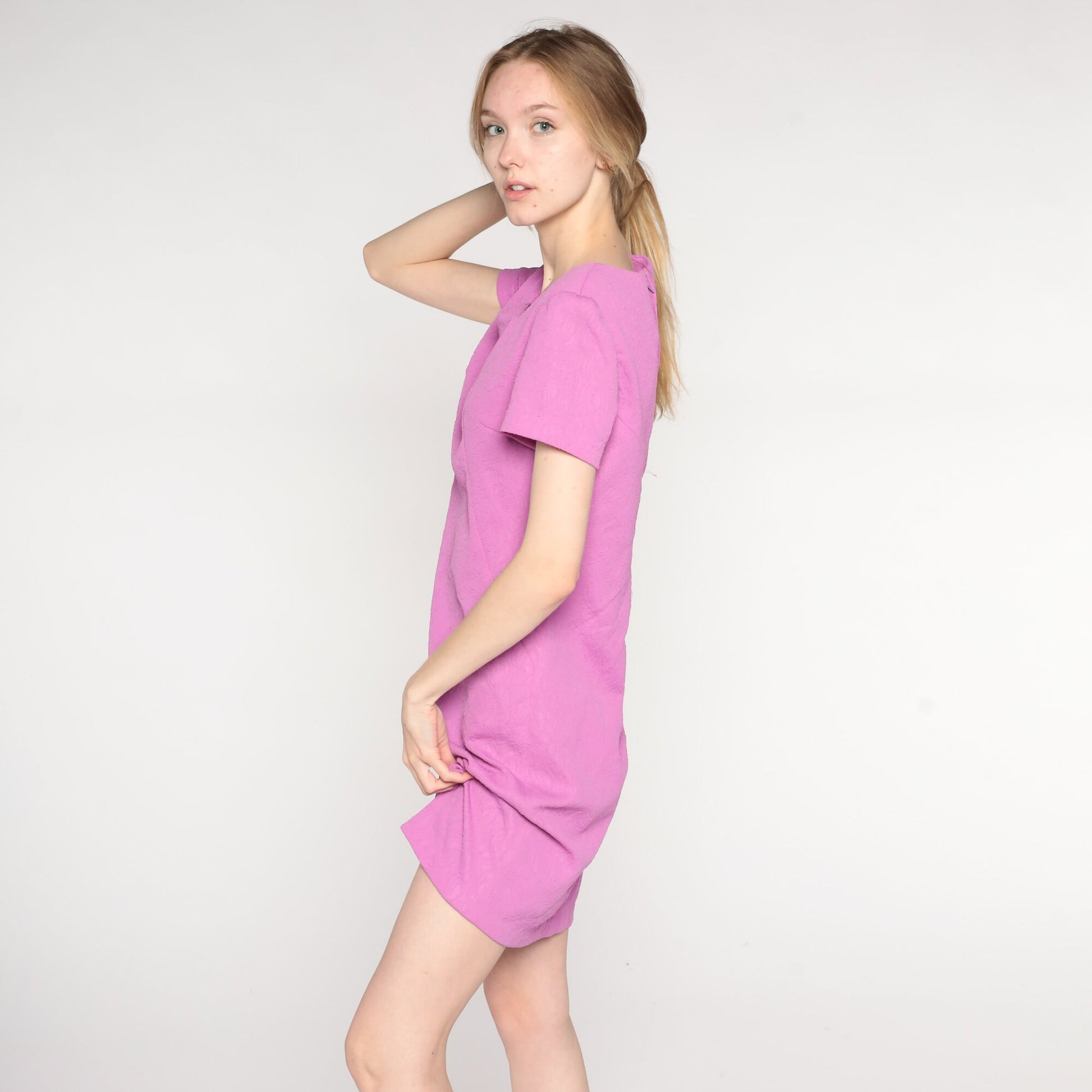 60s Mod Mini Shift Dress Lavender Textured Short Sleeve Medium
