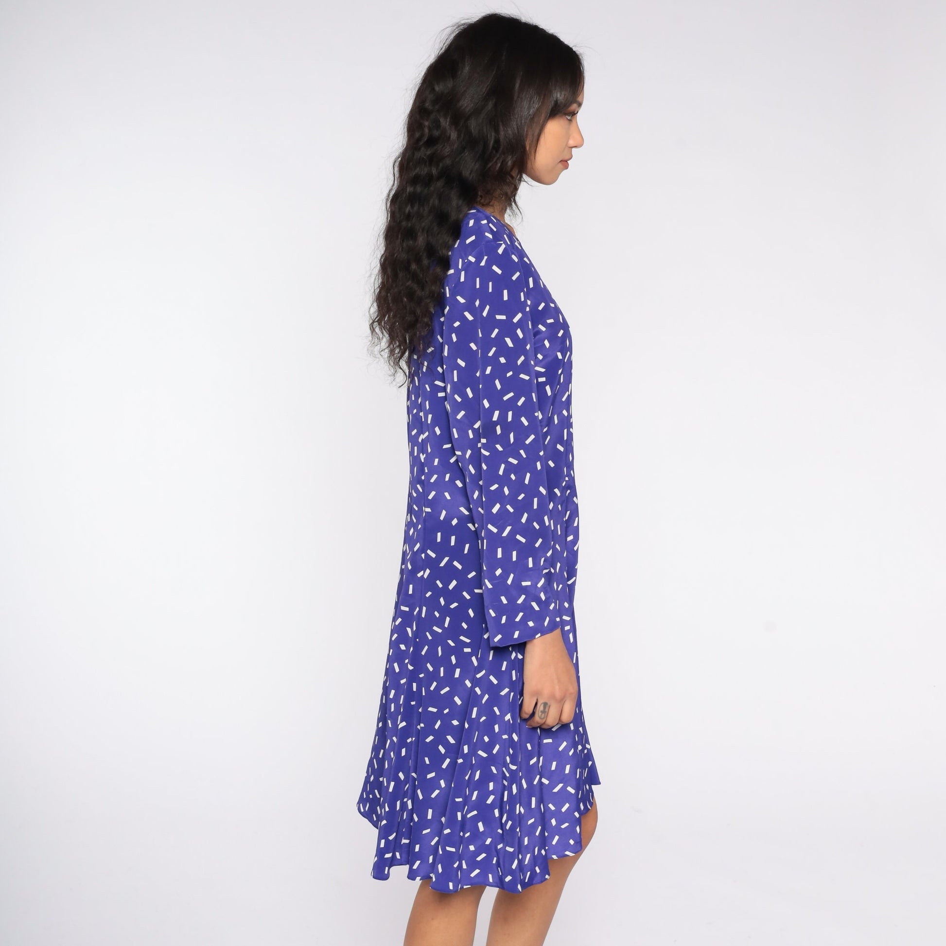 80s Purple White Confetti Print A-Line Dress Long Sleeve Knee Length Large