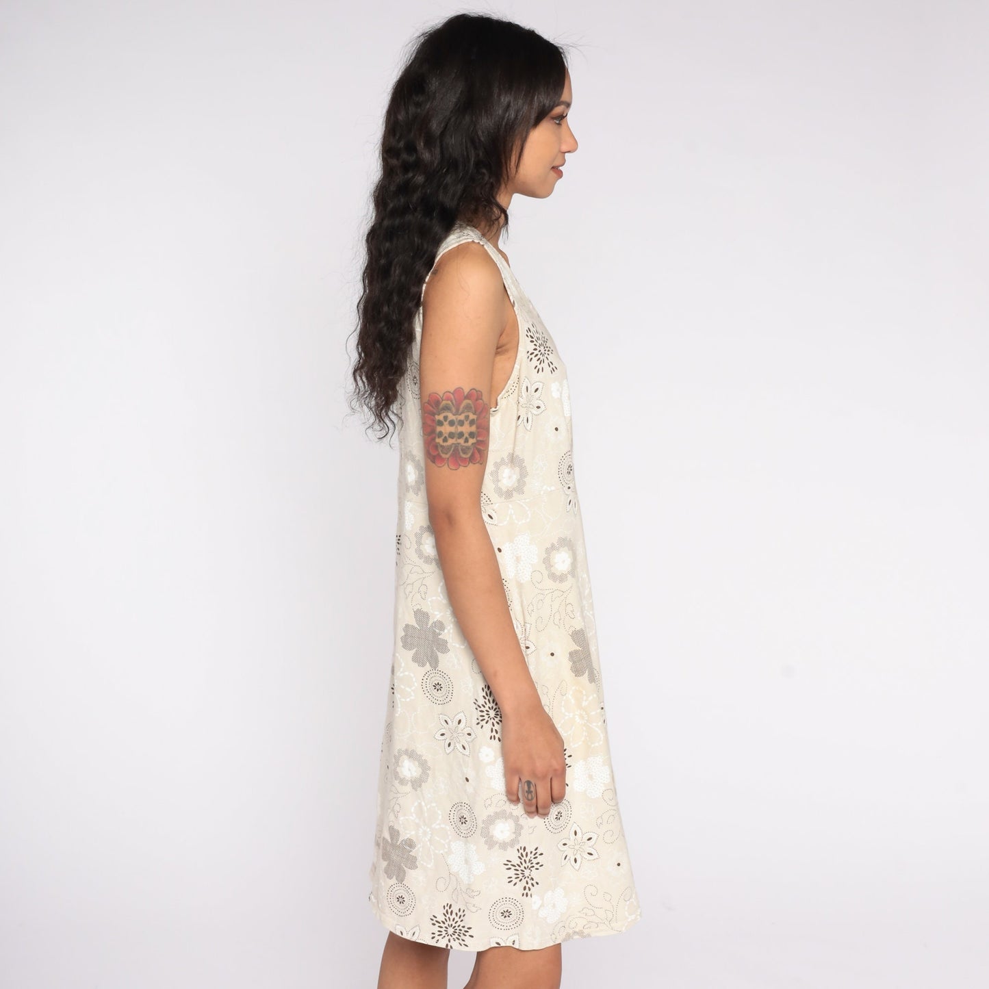 Y2K Floral Mini Dress Beige Empire Waist Sleeveless Large L