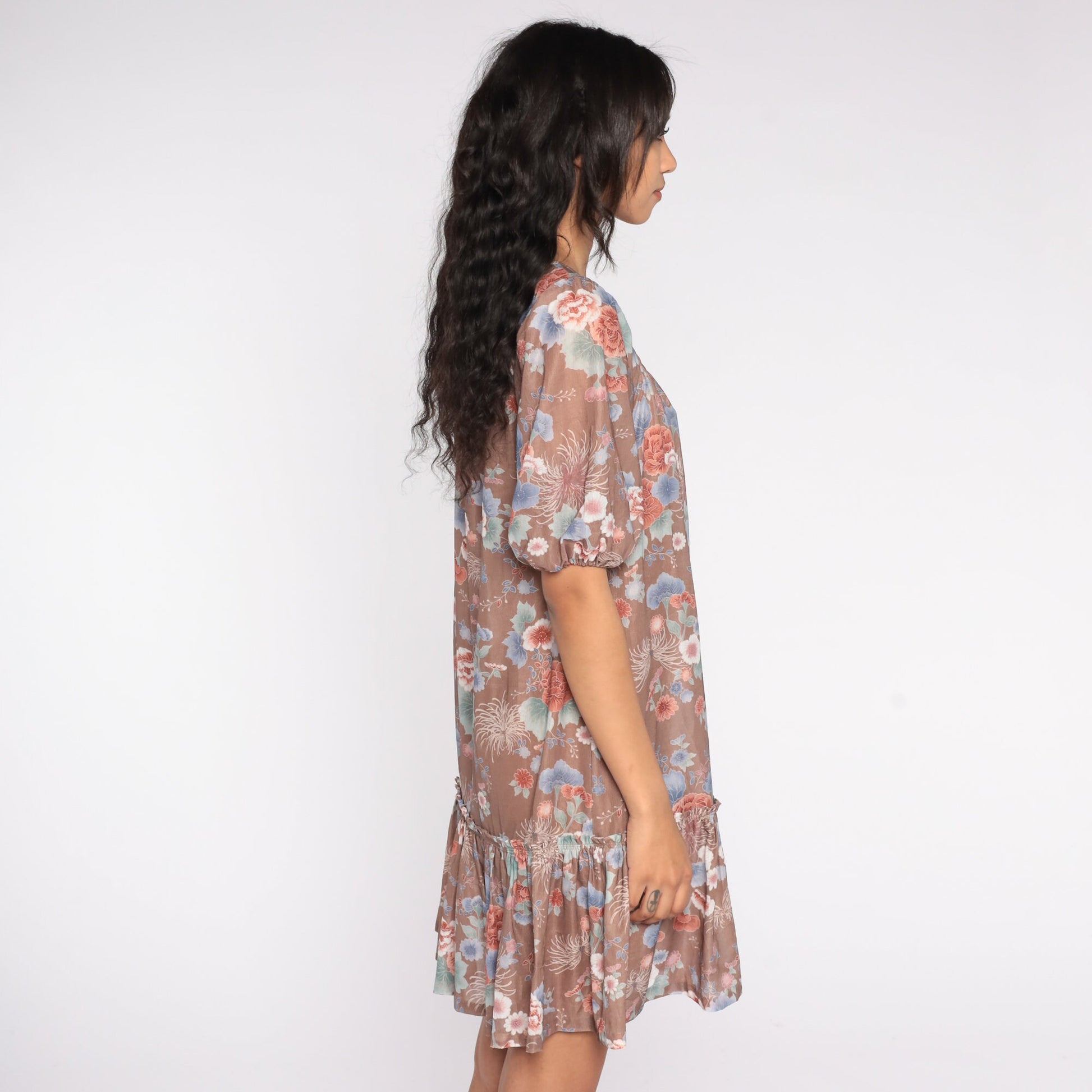 70s Floral Tent Dress Knee Length Ruffle Peasant Sleeve Small Medium