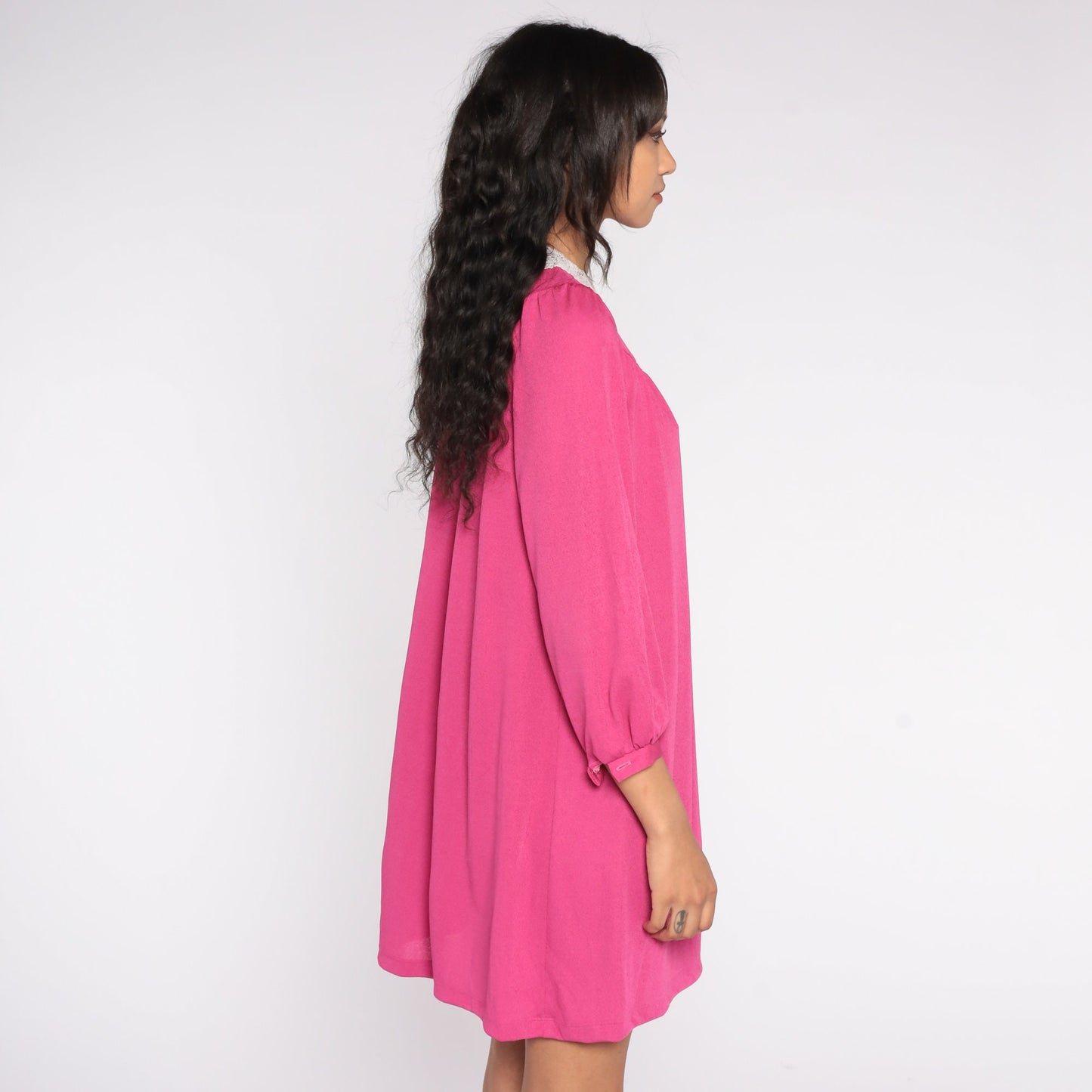 80s Pink Mini Dress Long Sleeve Lace Collar Tent Cut Medium M