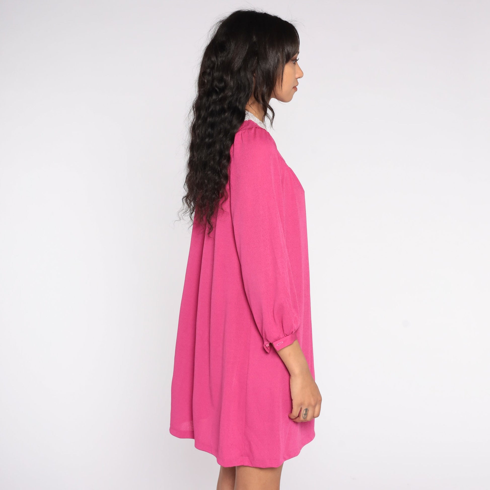 80s Pink Mini Dress Long Sleeve Lace Collar Tent Cut Medium M