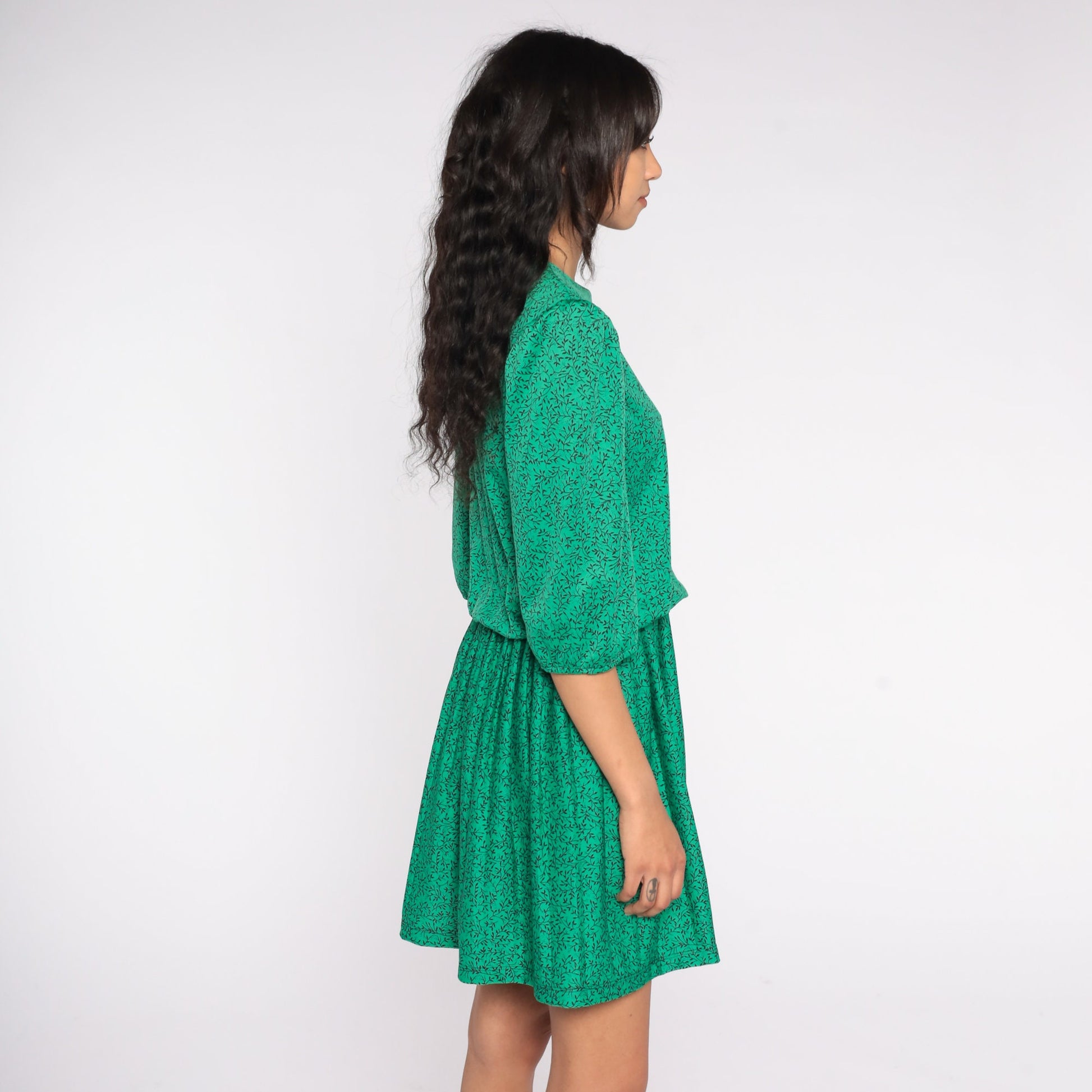 80s Green Vine Print Mini Dress Puff Sleeve High Waist Blouson Medium