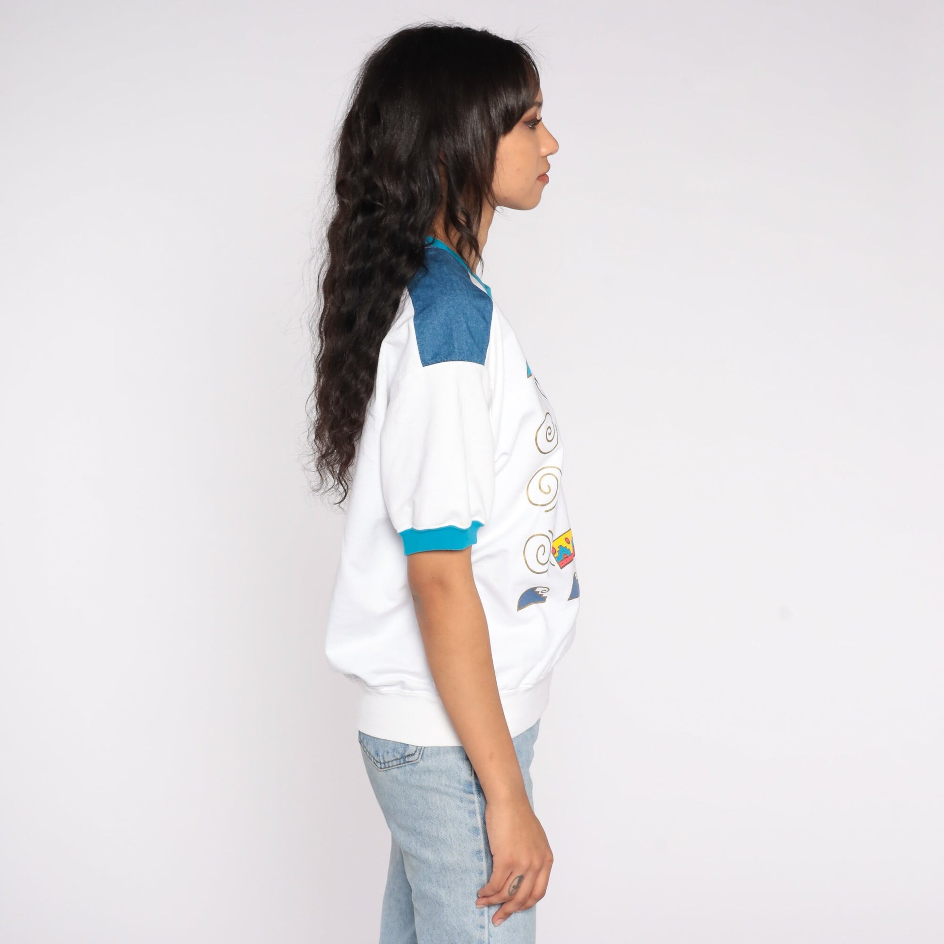 80s Southwestern Geometric Wave Ringer Tee Denim Shoulder Medium