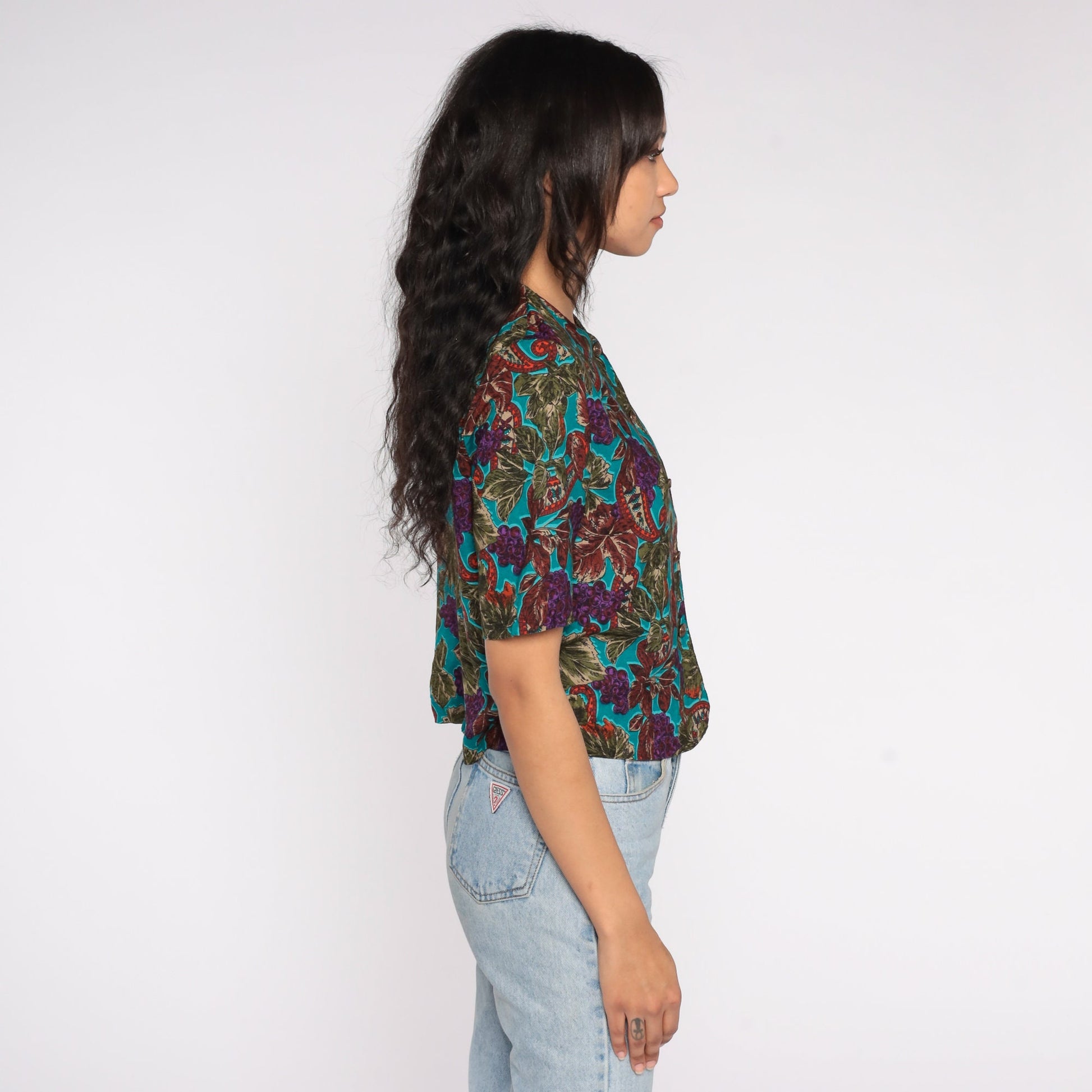 90s Paisley Grape Vine Button-Up Blouse Short Sleeve Purple Small