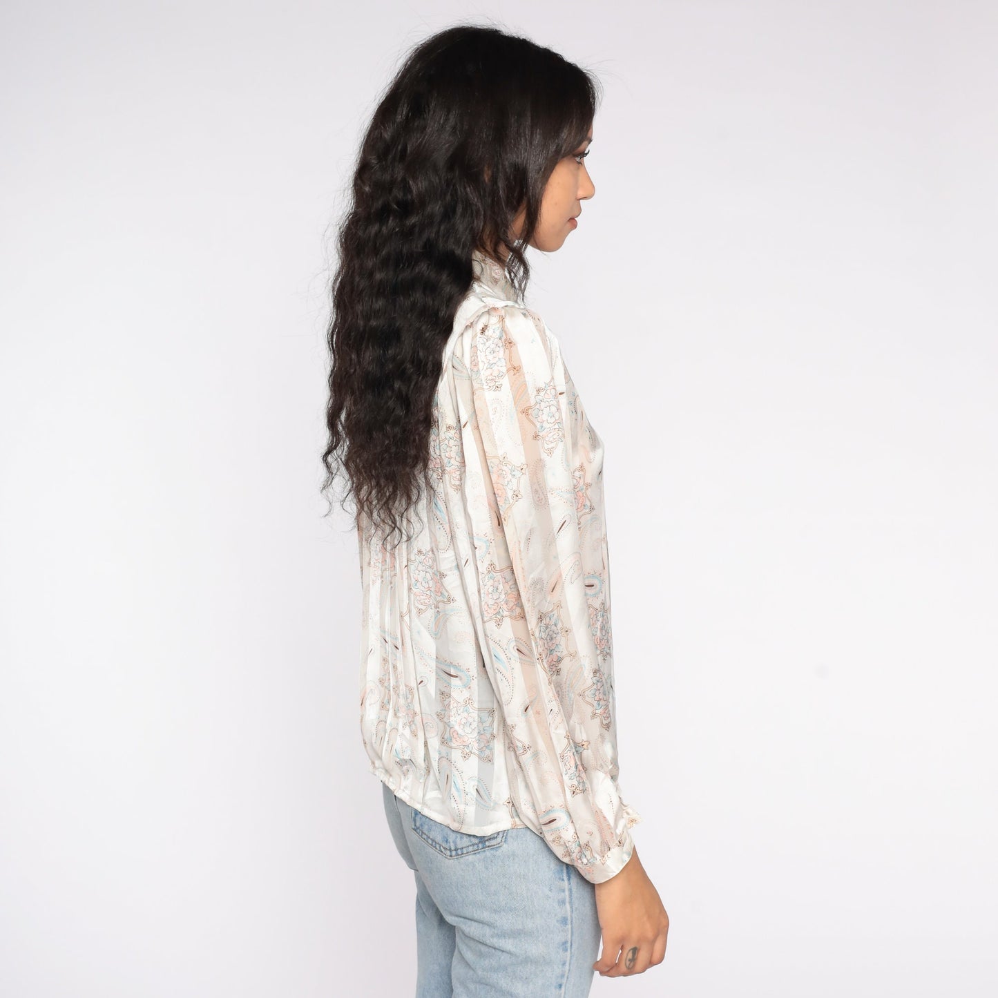 80s Striped Paisley Button Up Shirt Cream Tan Long Sleeve Collared Blouse Small