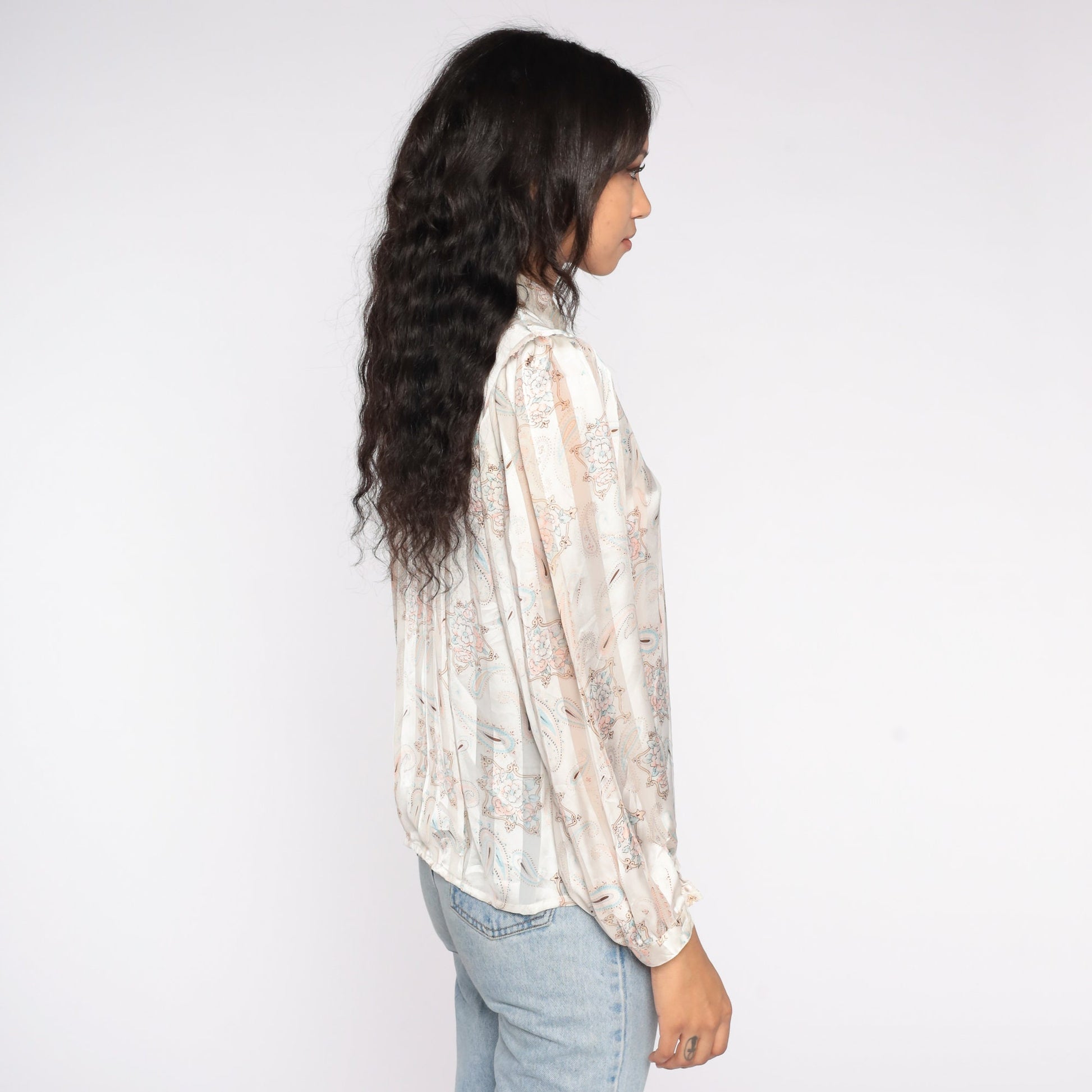 80s Striped Paisley Button Up Shirt Cream Tan Long Sleeve Collared Blouse Small