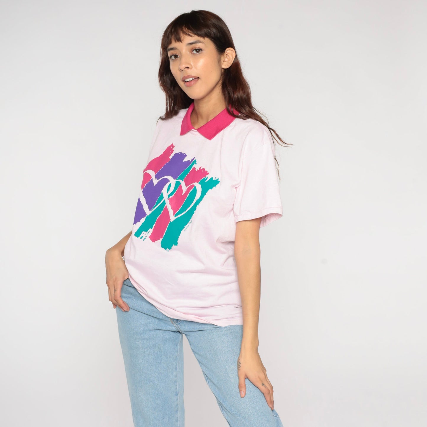 90s Heart Print Collared T-Shirt Baby Pink Graphic Tee Medium