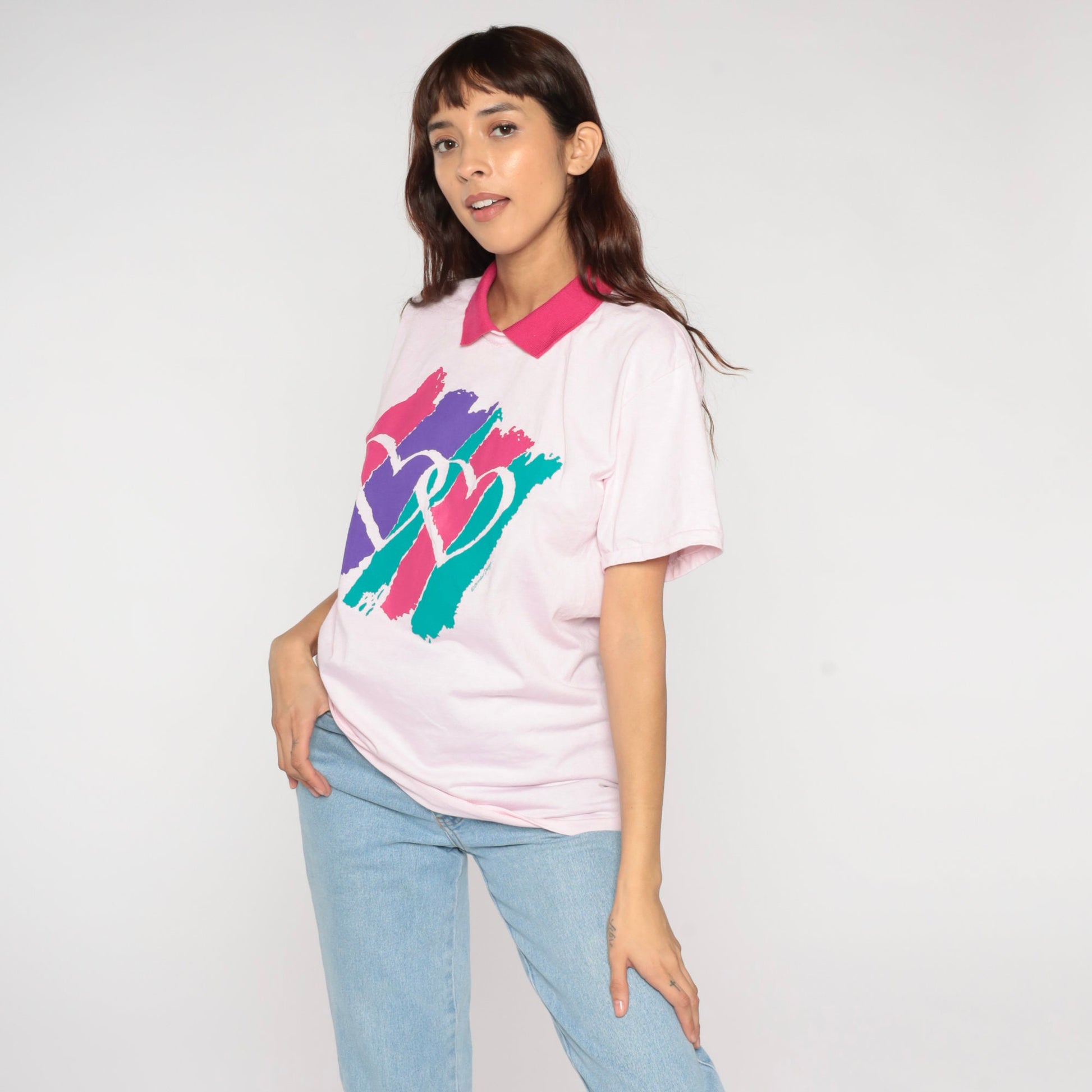 90s Heart Print Collared T-Shirt Baby Pink Graphic Tee Medium