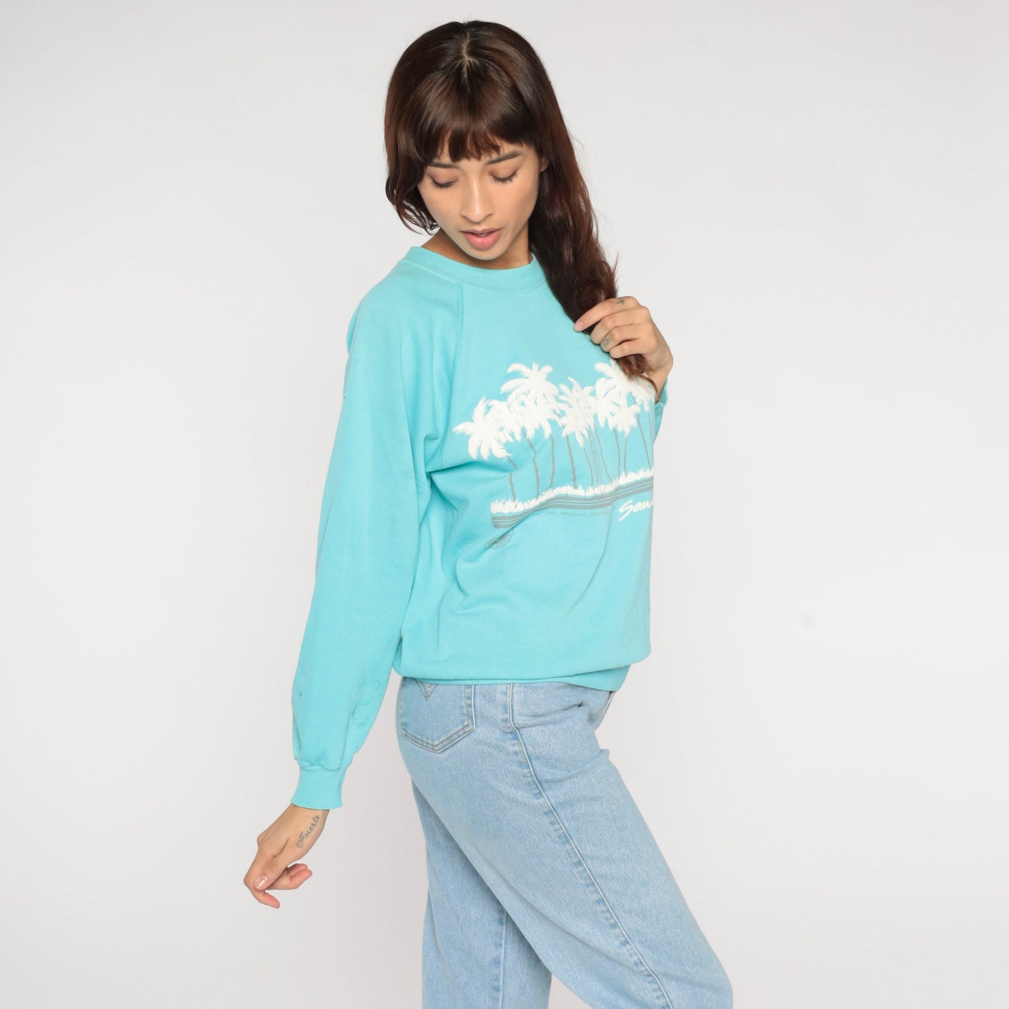 90s San Diego Palm Tree Sweatshirt Turquoise Raglan Crewneck Medium M