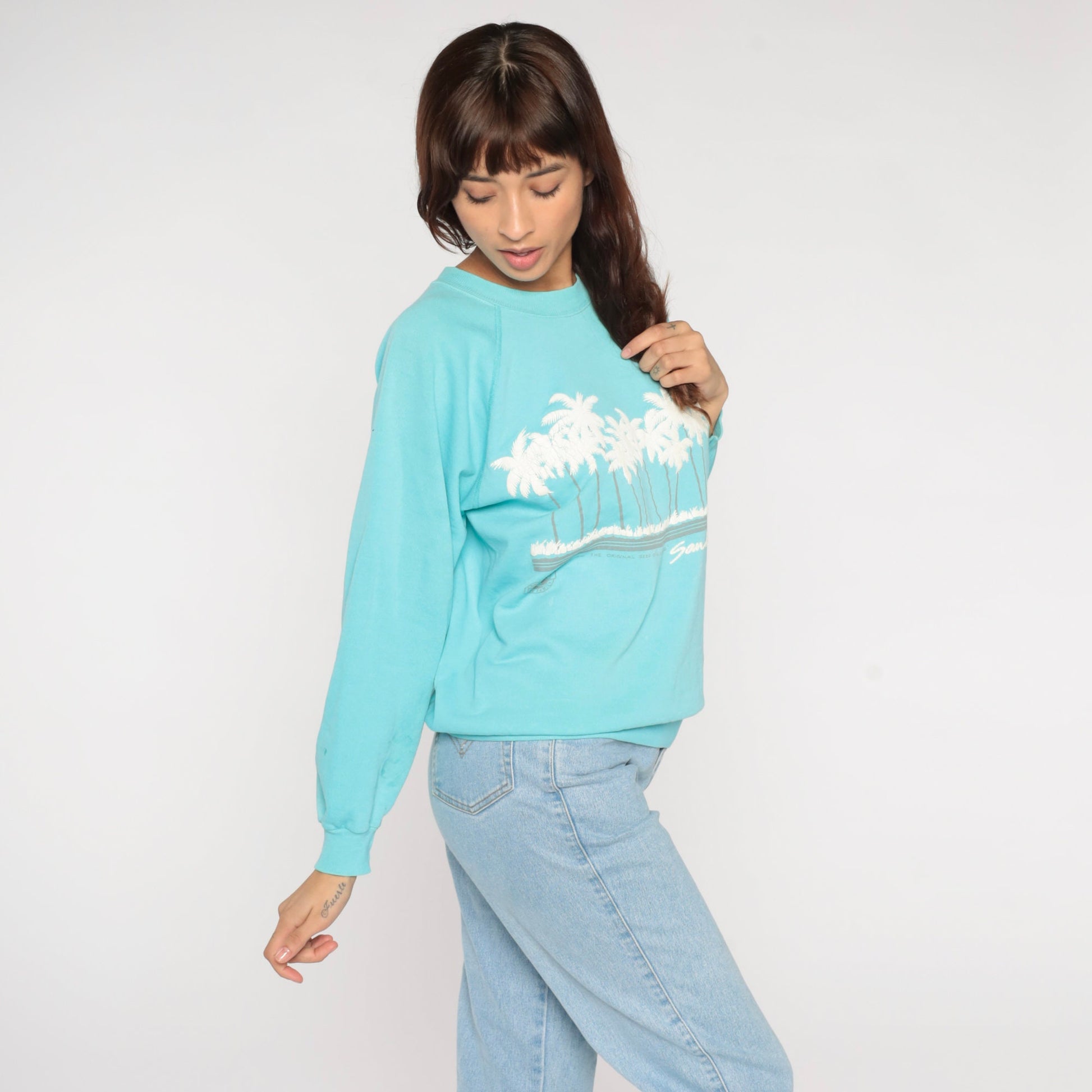 90s San Diego Palm Tree Sweatshirt Turquoise Raglan Crewneck Medium M