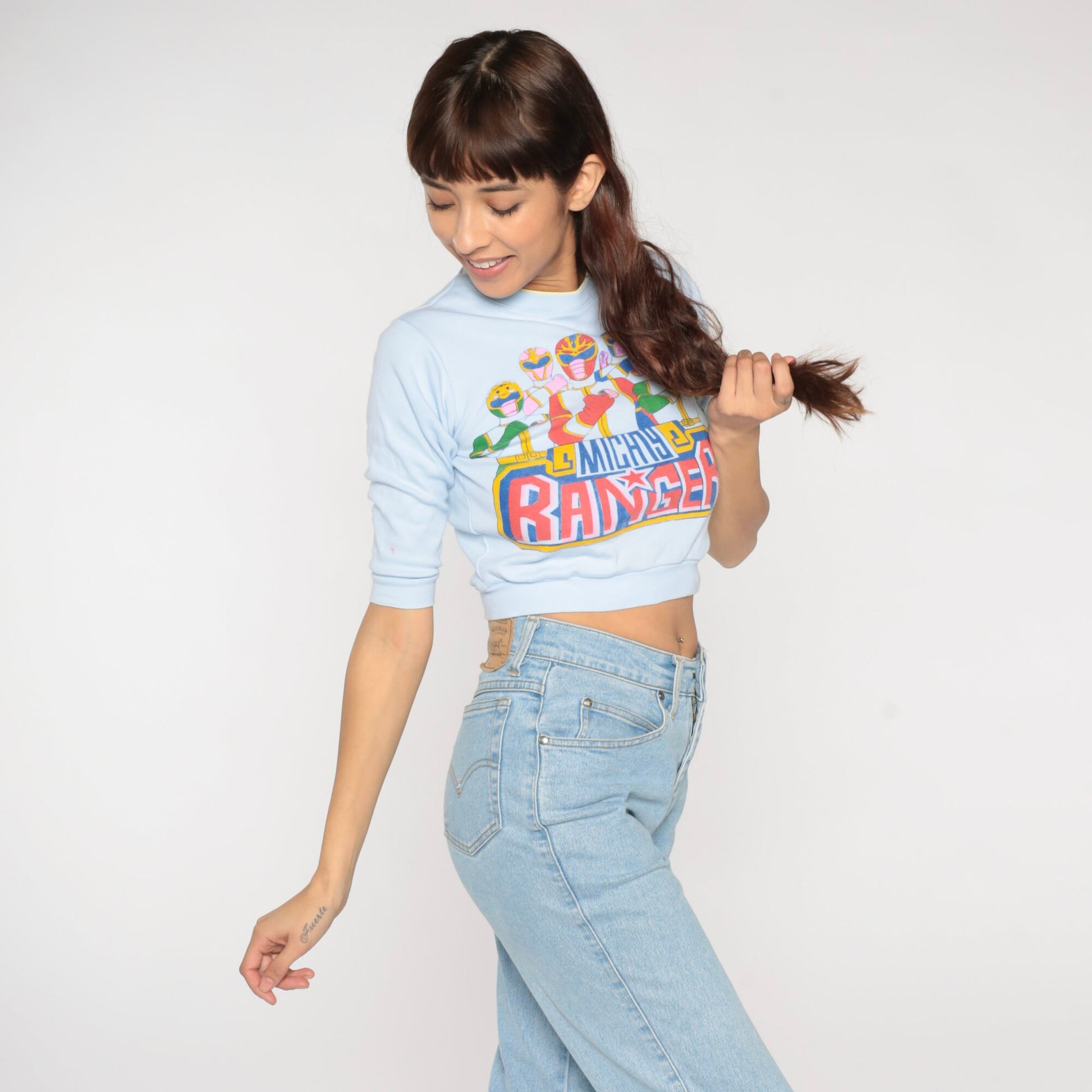 90s Mighty Ranger Graphic Crop Top Baby Blue T-Shirt 2XS