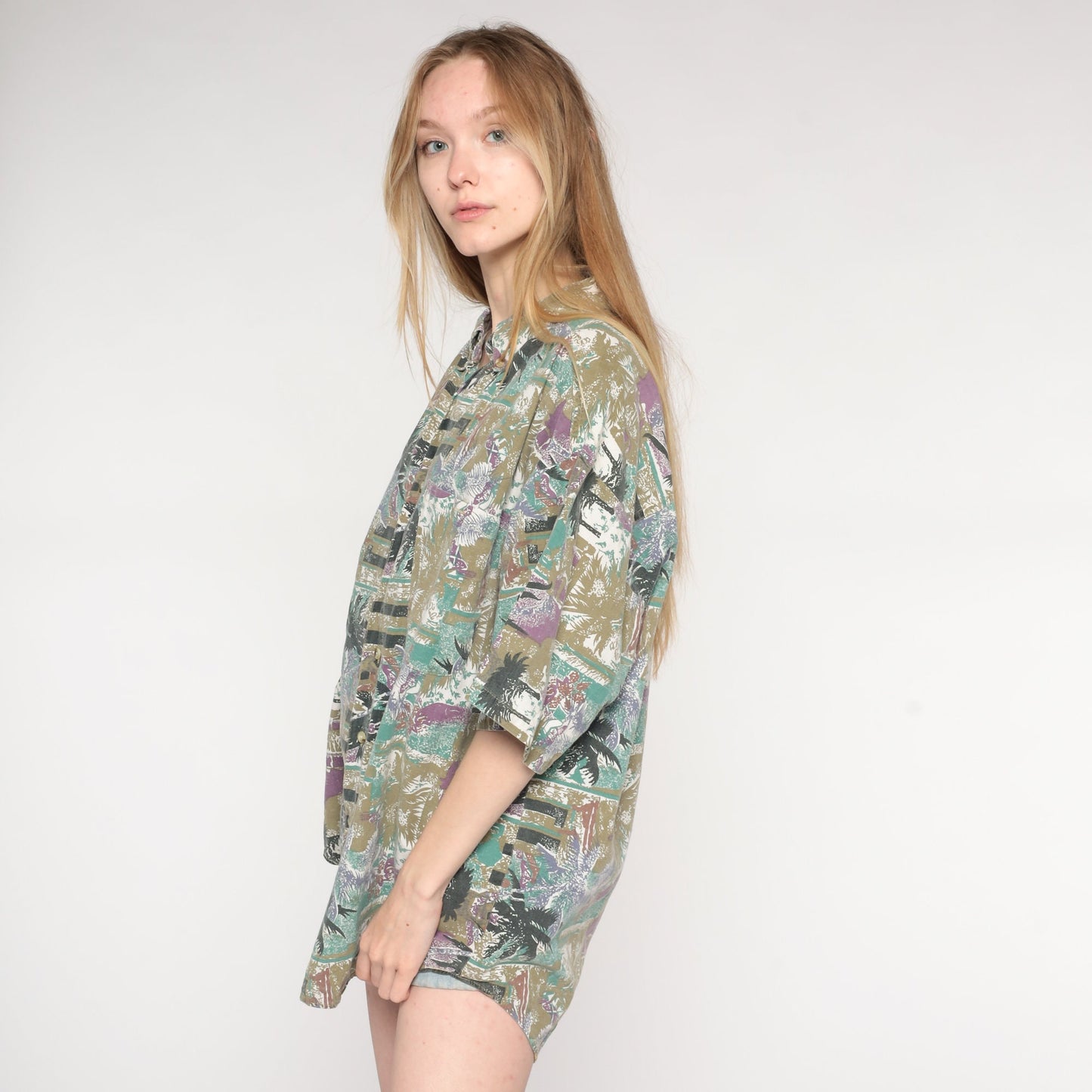 90s Tropical Palm Tree Button Up Shirt Olive Short Sleeve Extra Large