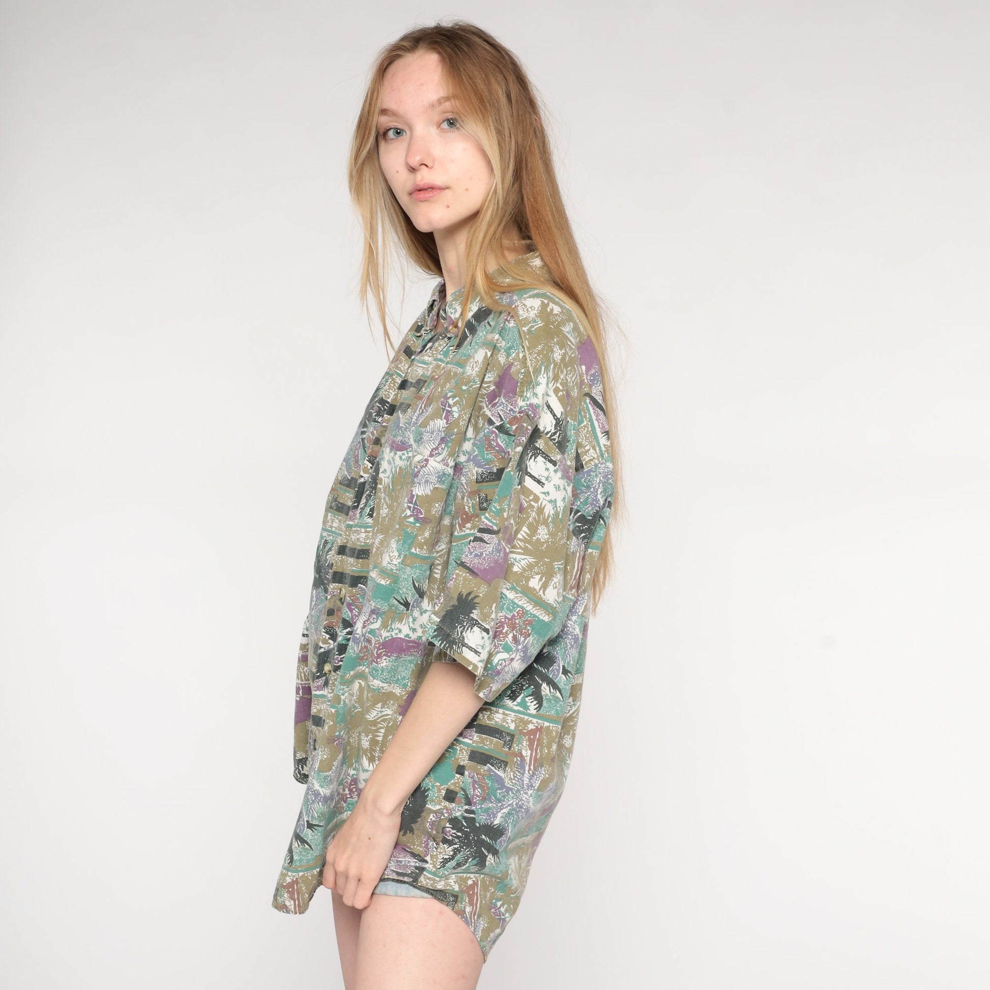 90s Tropical Palm Tree Button Up Shirt Olive Short Sleeve Extra Large