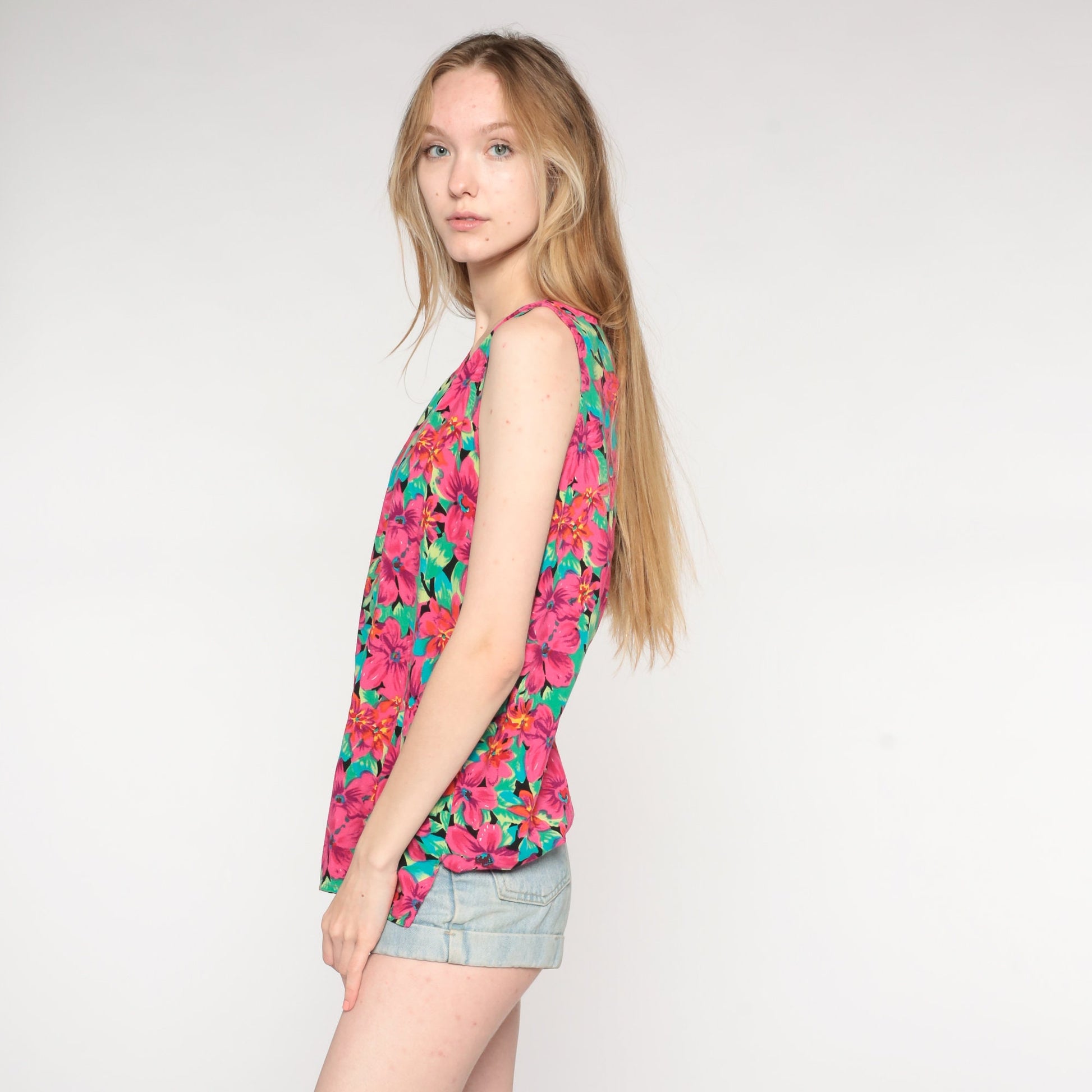 90s Floral Rayon Tank Top Tropical Print Pink Green Large