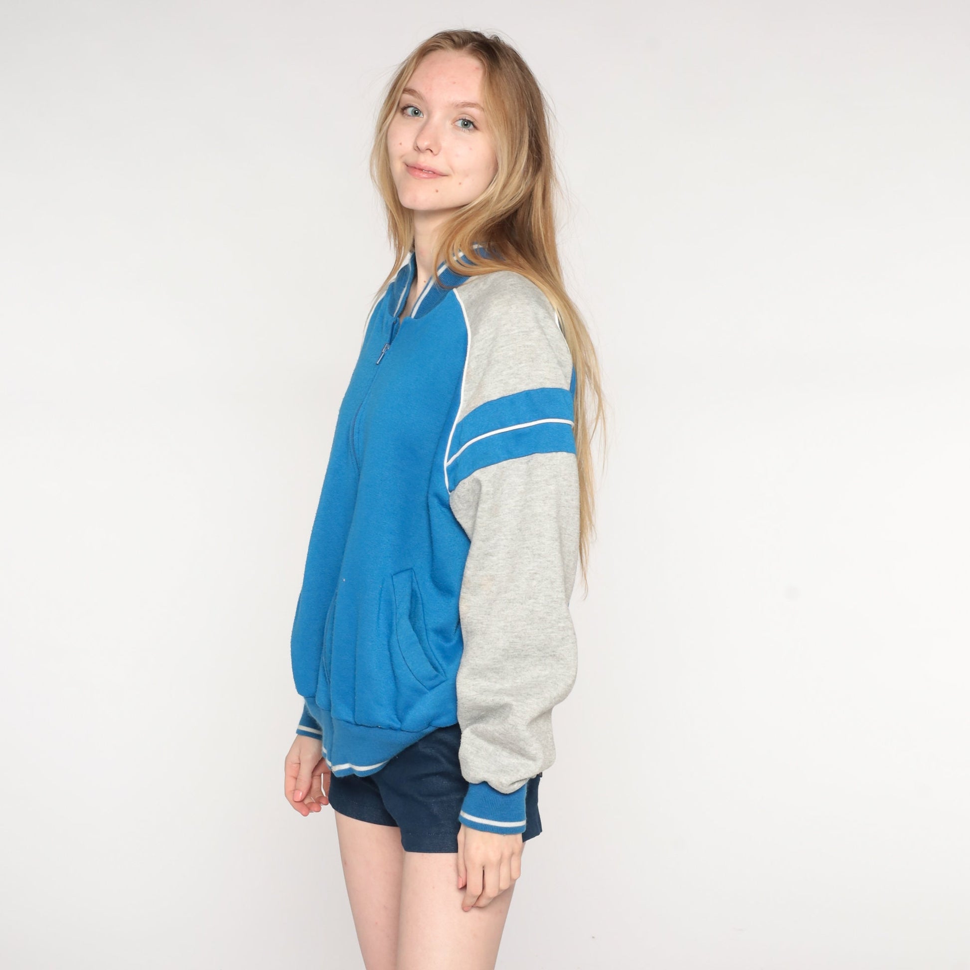 80s Blue Grey Striped Track Jacket Raglan Zip Warmup Medium