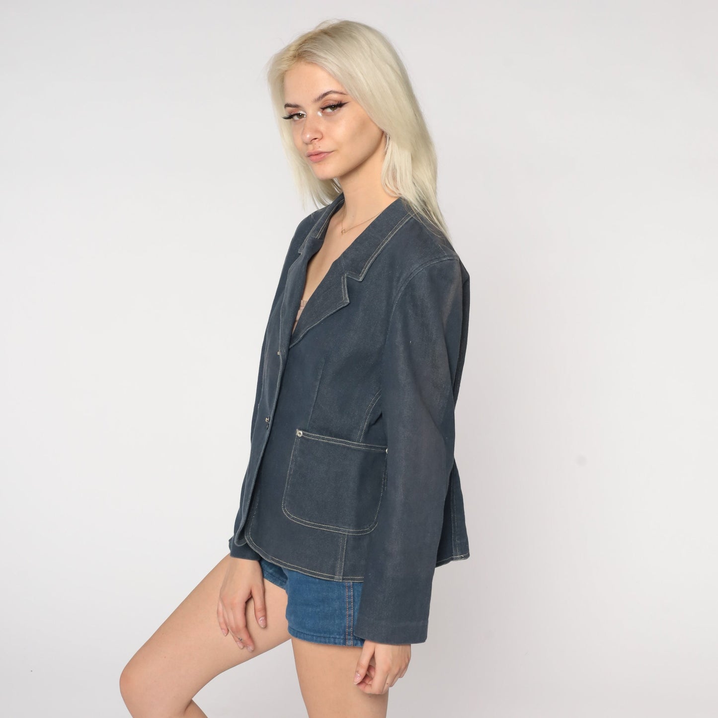 90s Blue Stretch Denim Blazer Jacket Collared Button-Up Large