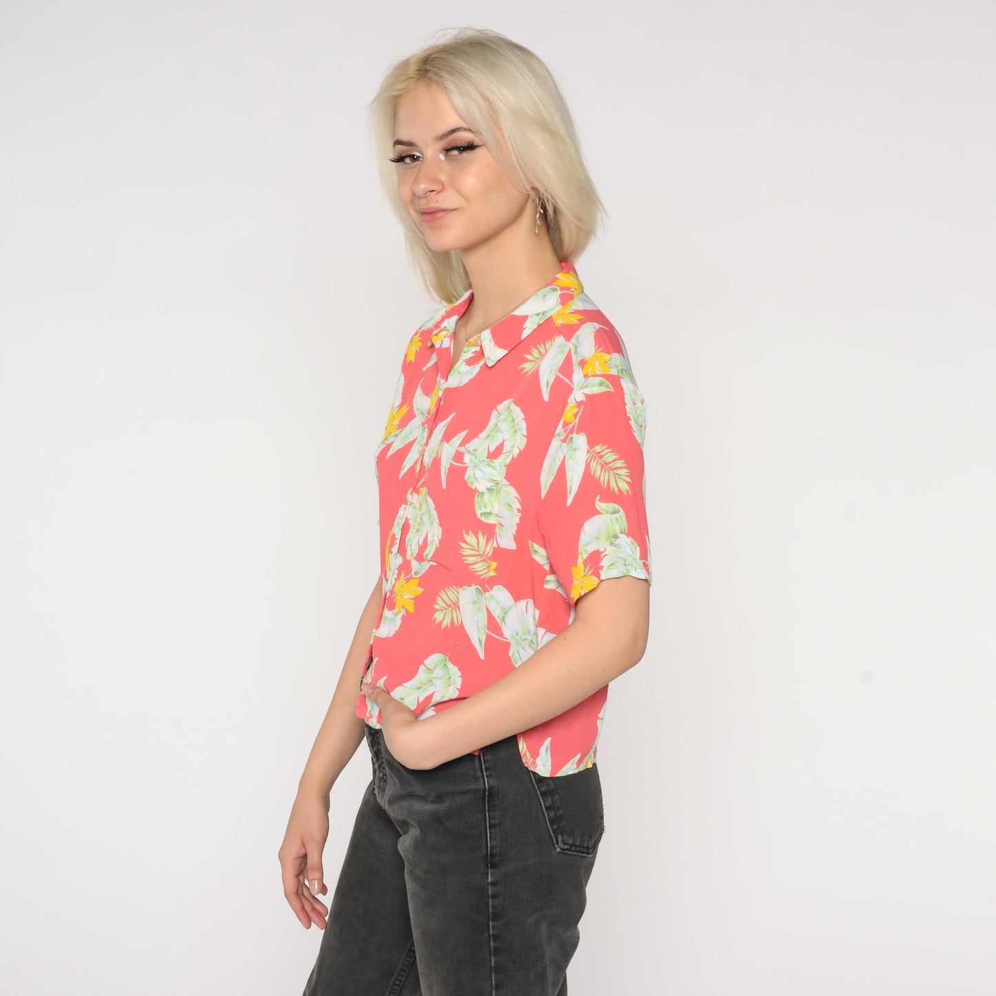 90s Hawaiian Shirt Faded Red Tropical Floral Button Up Small