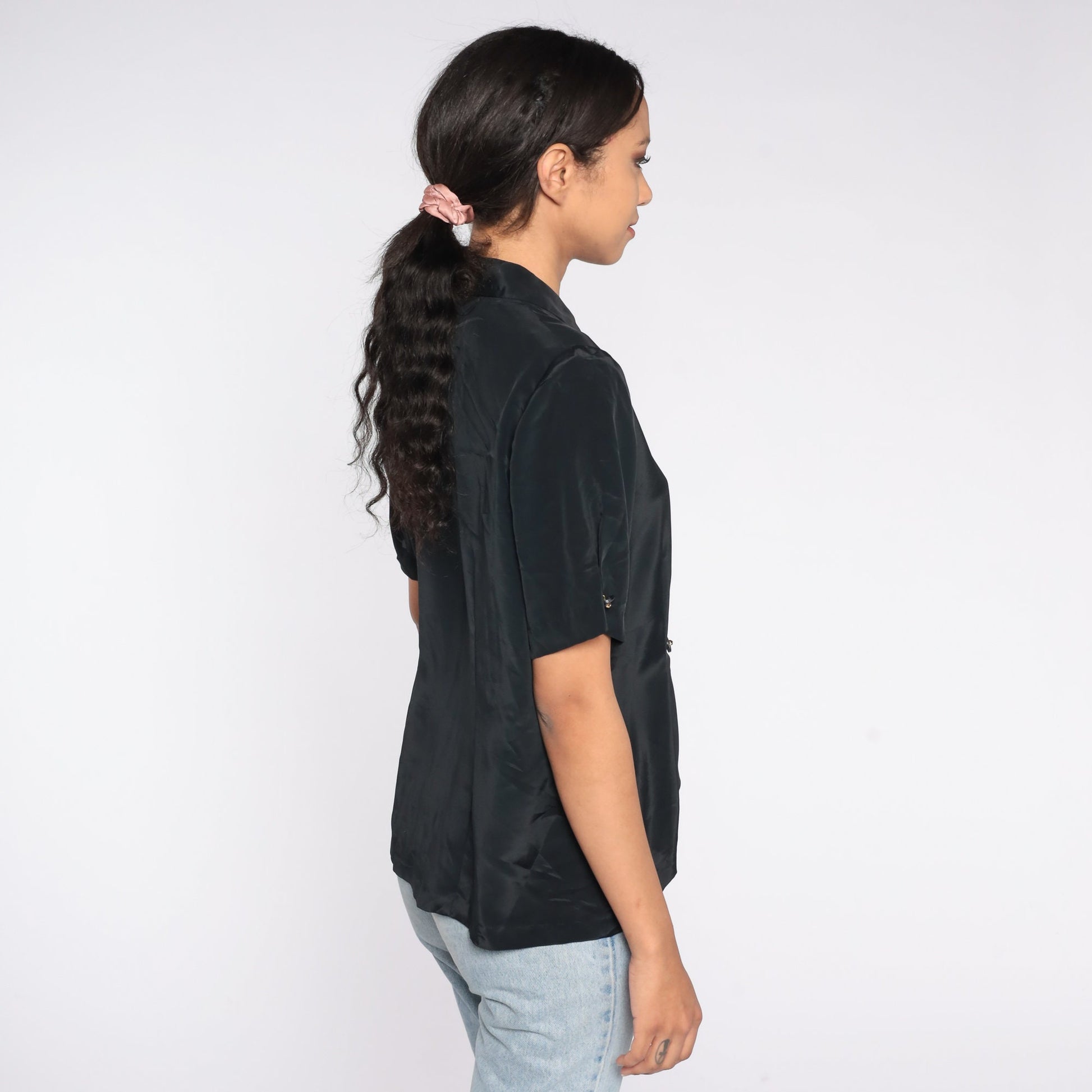 80s Black Wrap Blouse Double Breasted V Neck Short Sleeve Medium