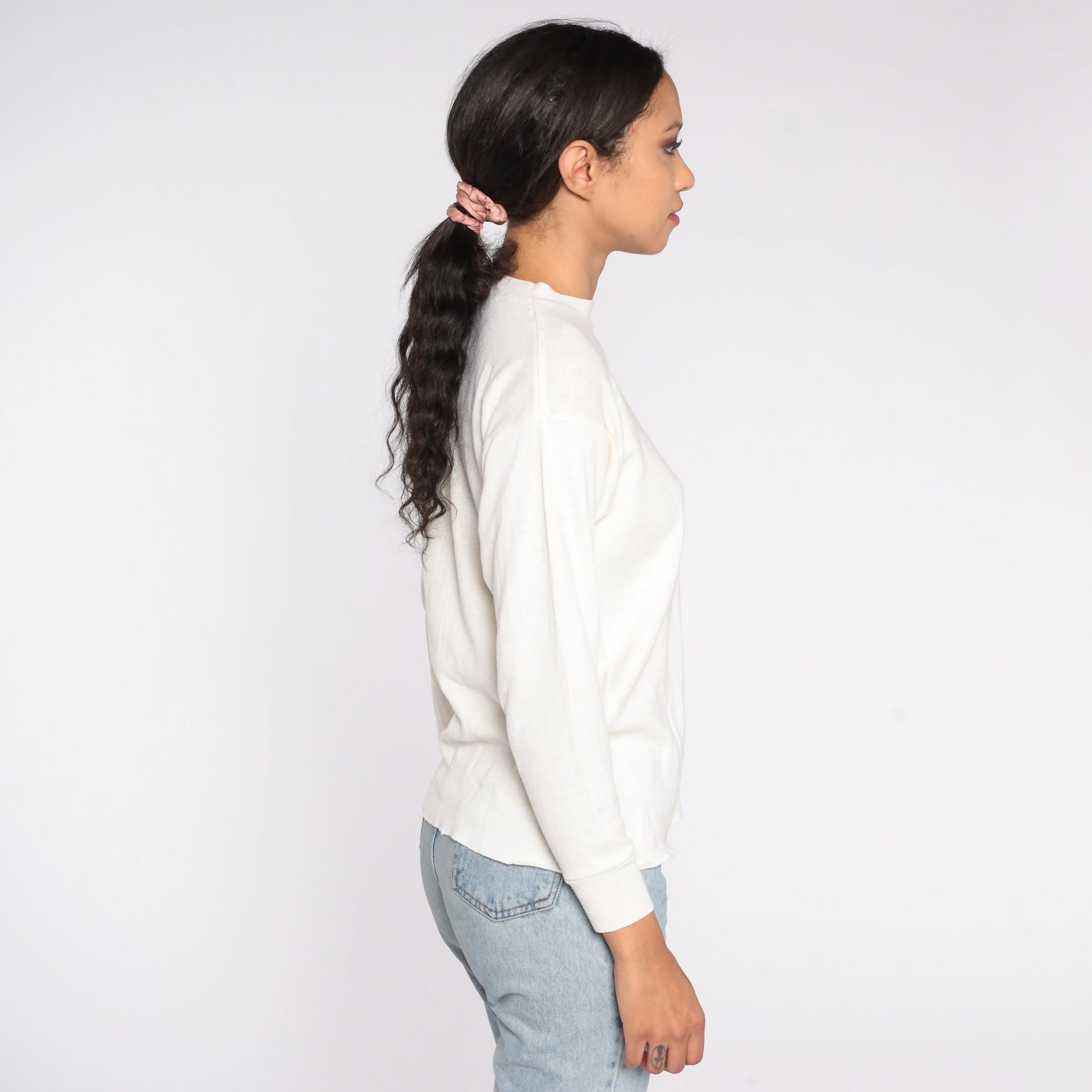 80s Off White Thermal Long Sleeve Shirt Cotton Blend Large L