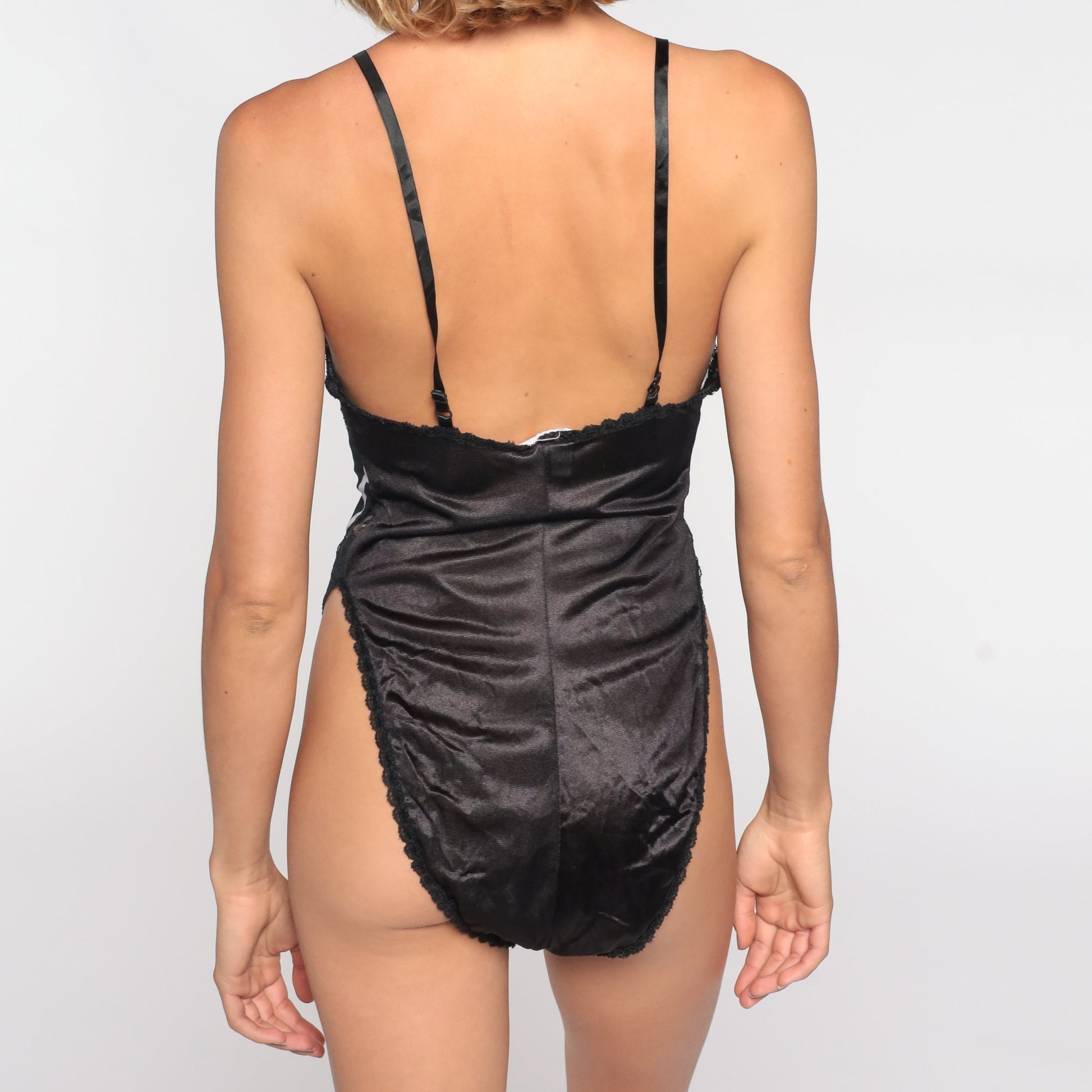 90s Giraffe Print Bodysuit Black Lace Trim Spaghetti Strap Lingerie Medium M