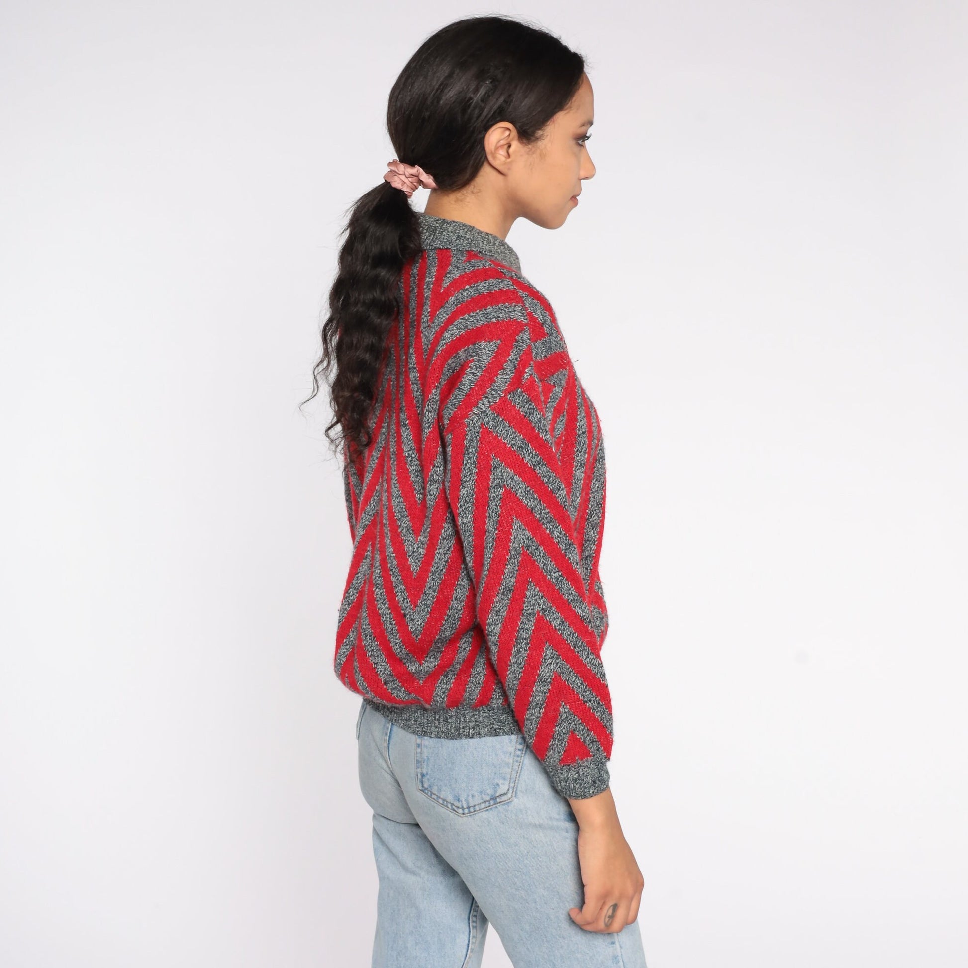 80s Chevron Striped Collared Sweater Red Grey Knit Pullover Small