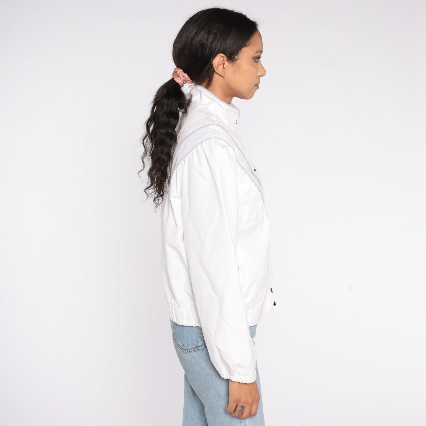 80s White Windbreaker Jacket Pastel Striped Snap-Up Small