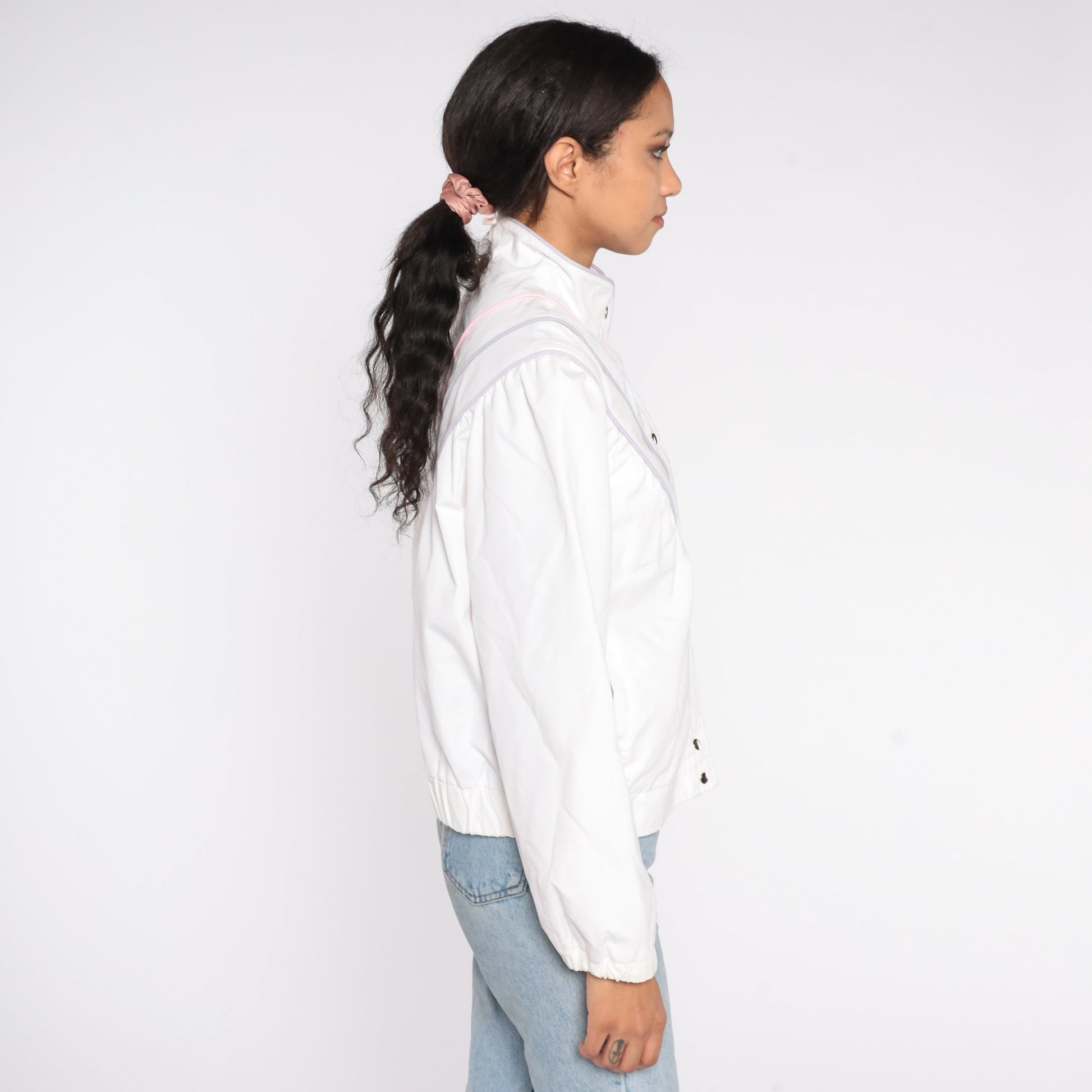 80s White Windbreaker Jacket Pastel Striped Snap-Up Small