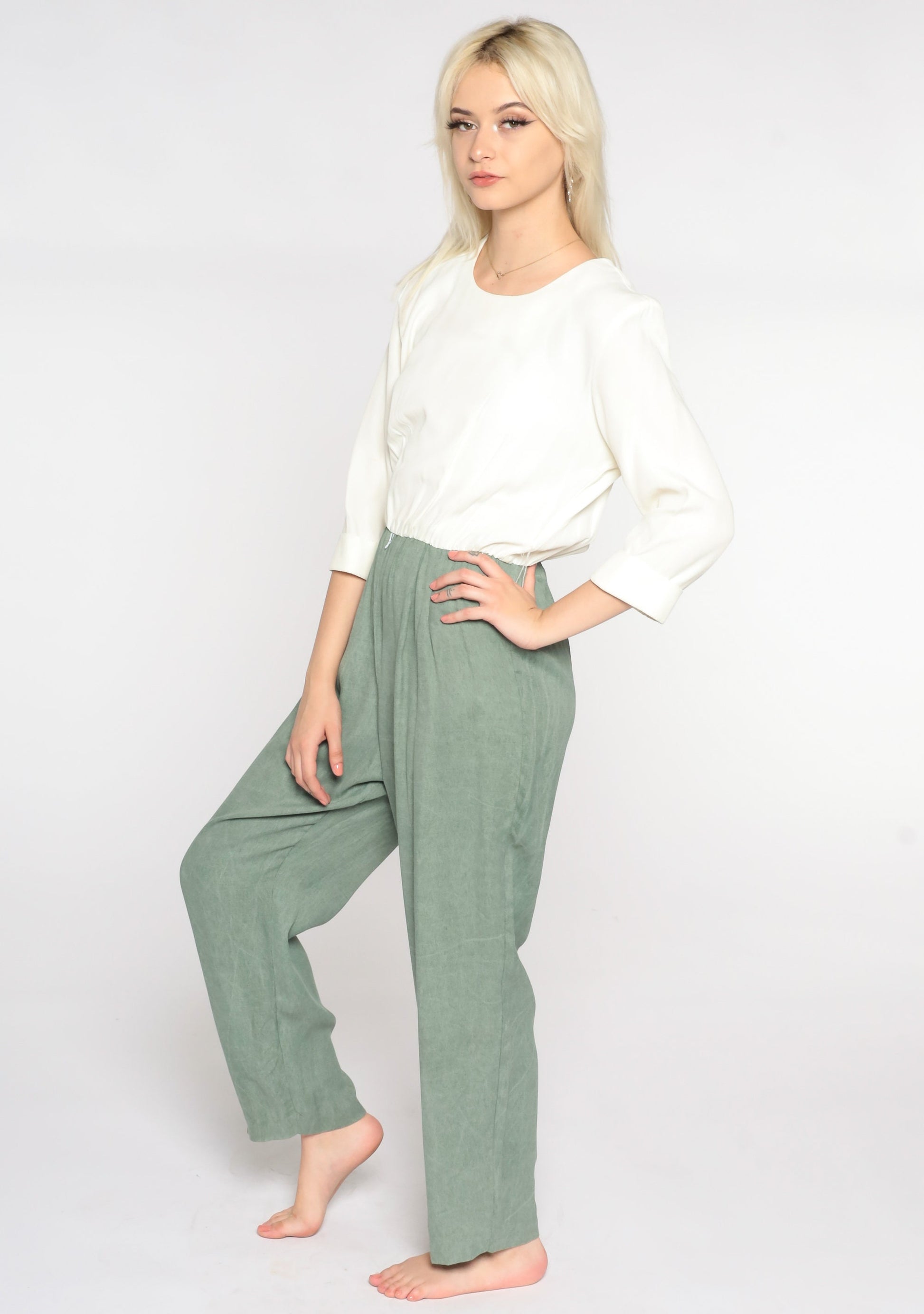 80s White Green Two-Tone Tapered Jumpsuit Acetate Rayon Medium M