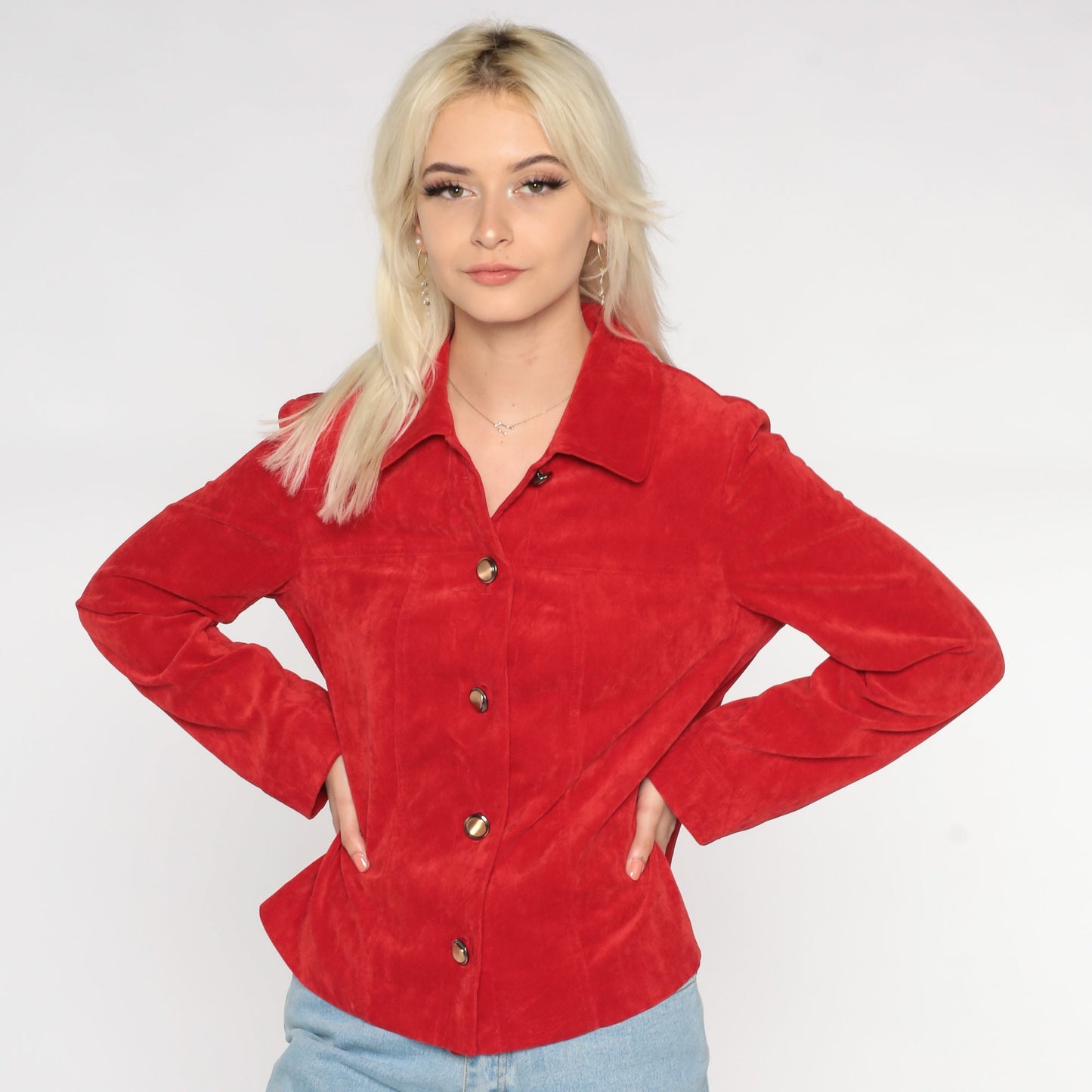 90s Red Button-Up Jacket Collared Lightweight Preppy Medium M