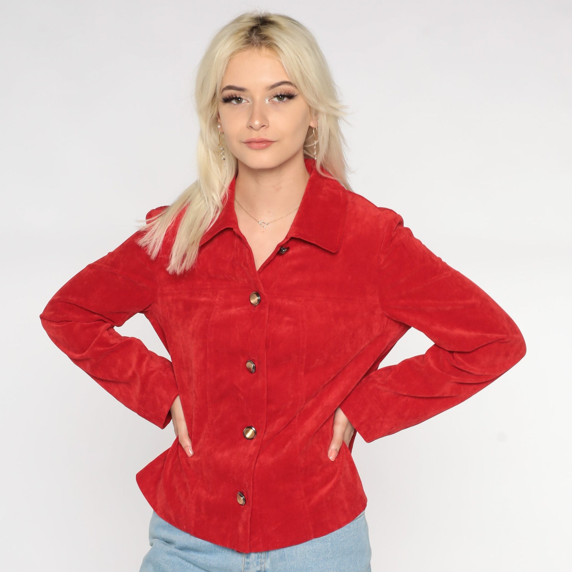 90s Red Button-Up Jacket Collared Lightweight Preppy Medium M