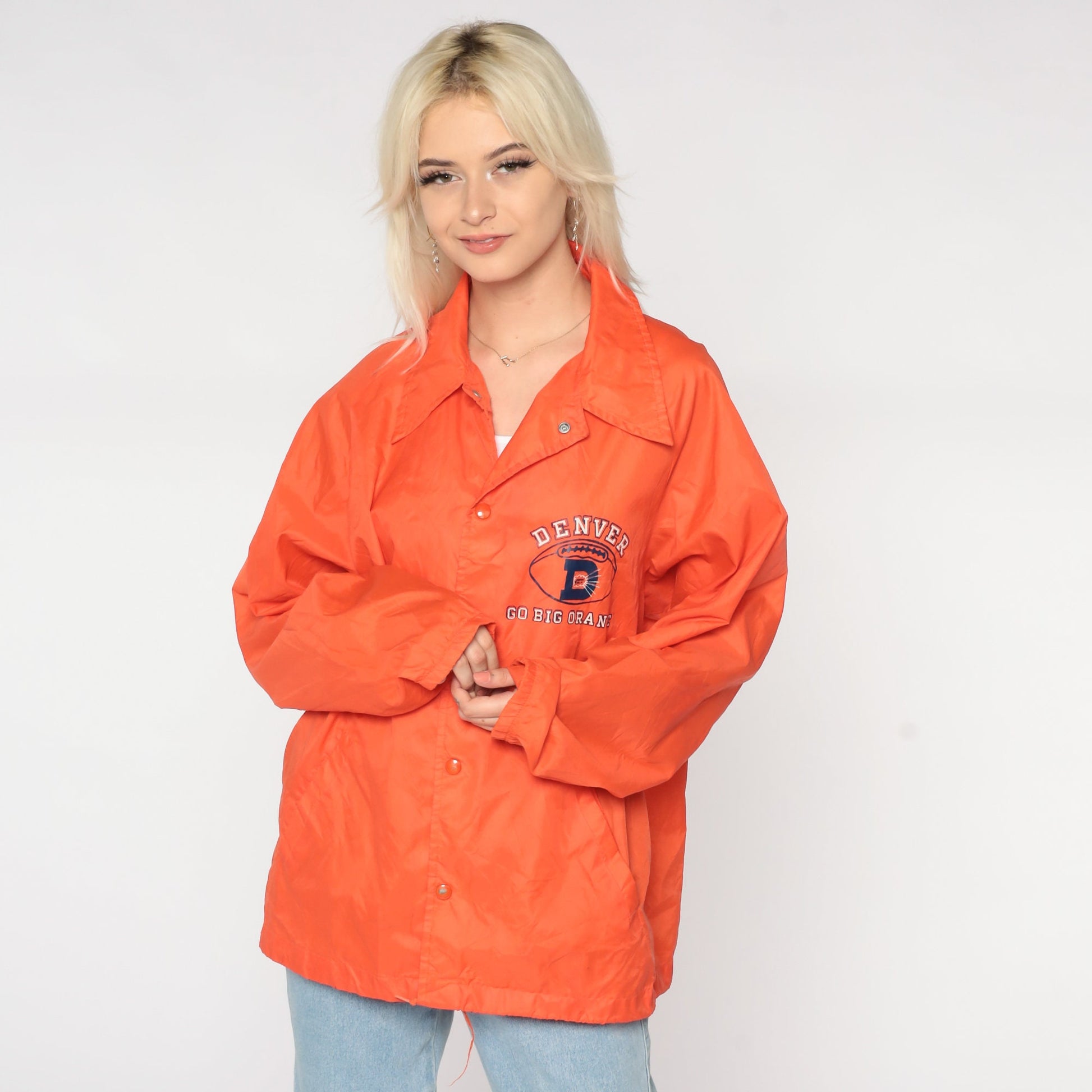70s Denver Broncos Nylon Windbreaker Snap Jacket Orange Large