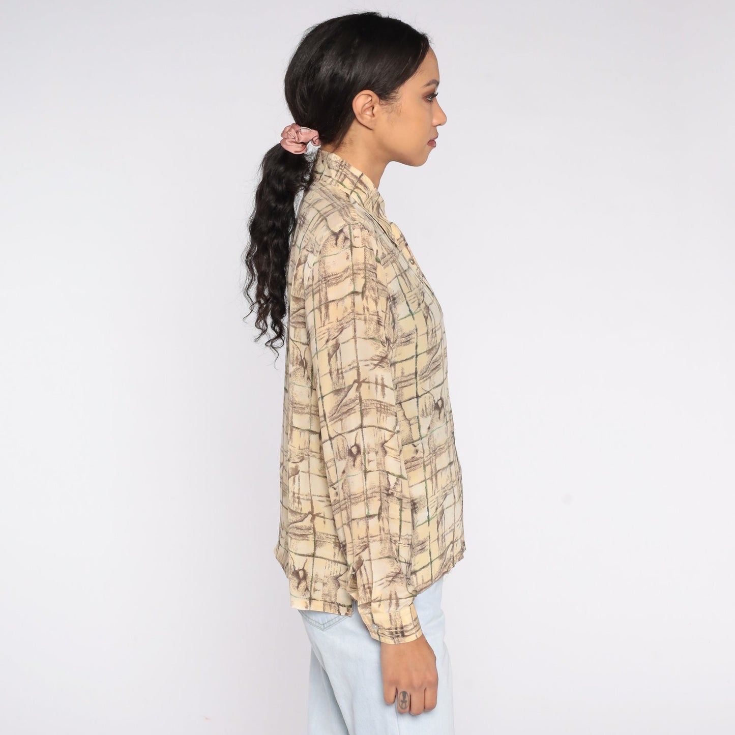 90s Silk Button Up Blouse Abstract Tile Print Cream Yellow Long Sleeve Small S