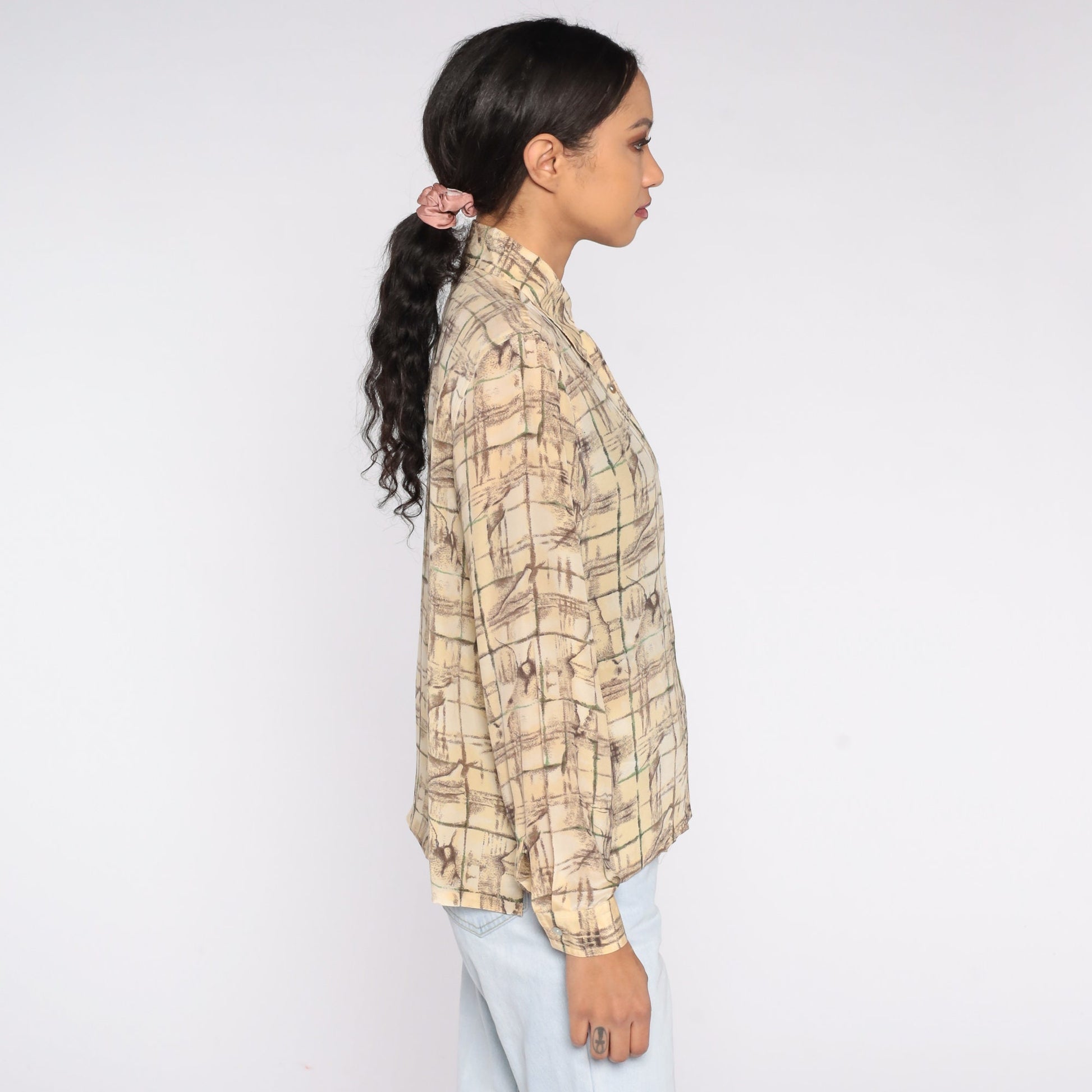 90s Silk Button Up Blouse Abstract Tile Print Cream Yellow Long Sleeve Small S