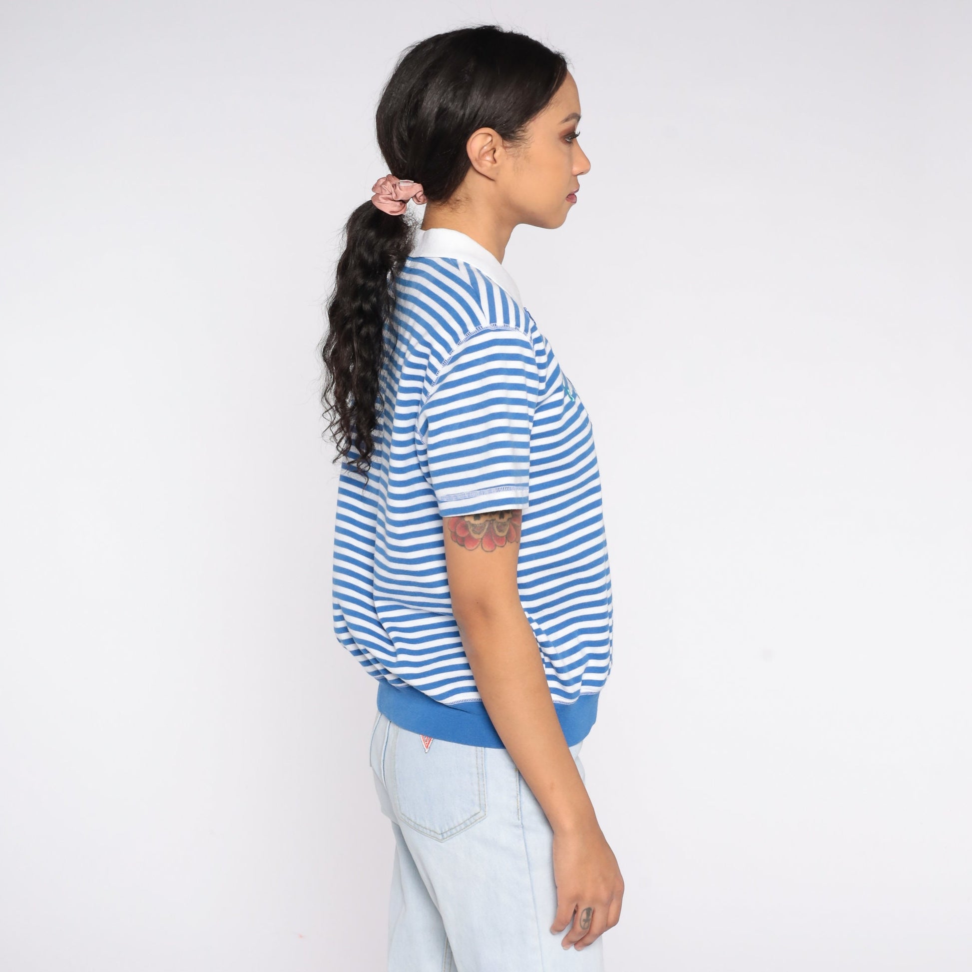 90s Blue White Striped Polo Shirt Embroidered Sea Creatures Palm Tree Small