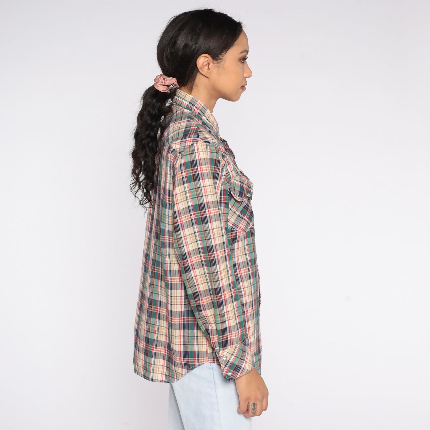 80s Mad Man Plaid Pearl Snap Western Shirt Long Sleeve Medium