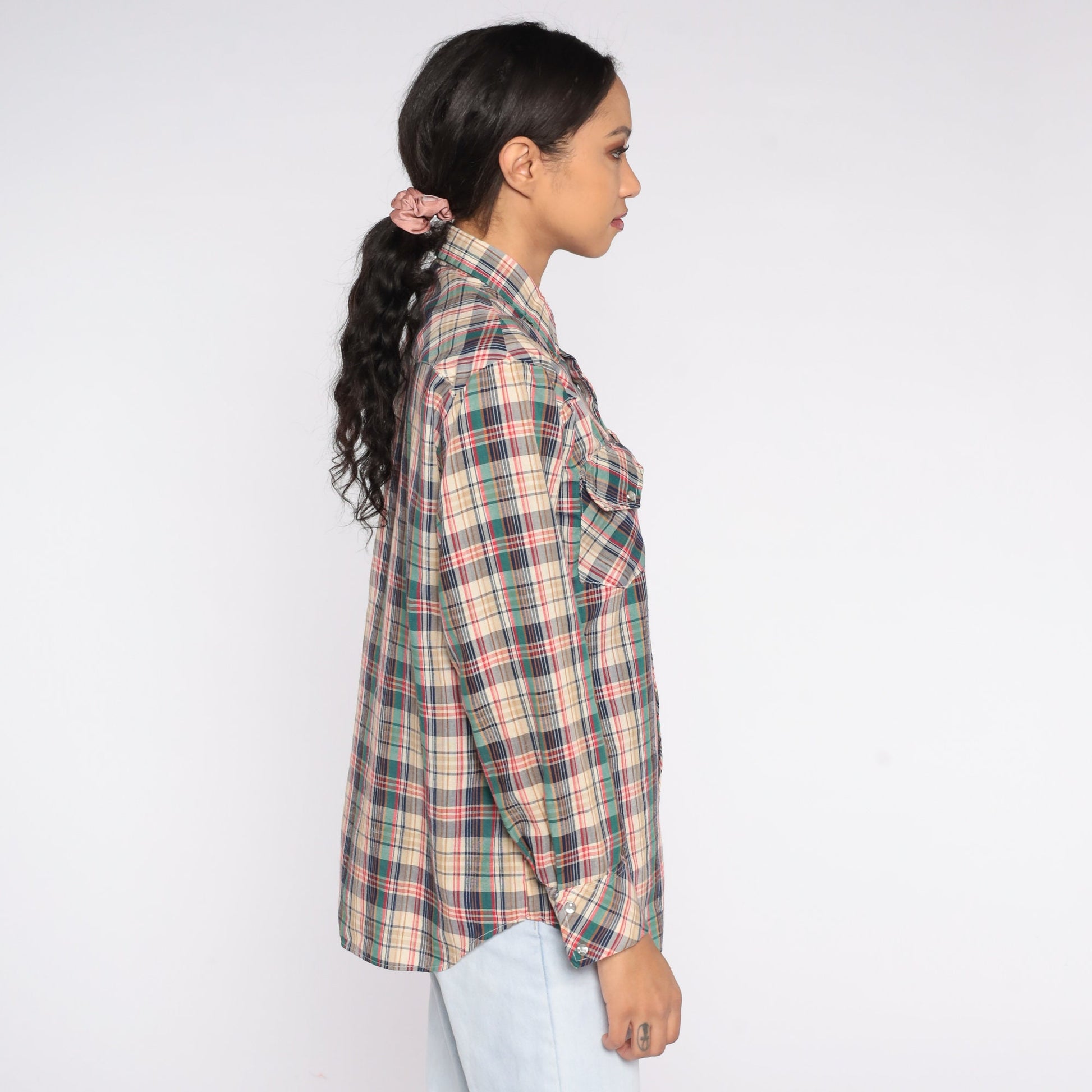 80s Mad Man Plaid Pearl Snap Western Shirt Long Sleeve Medium