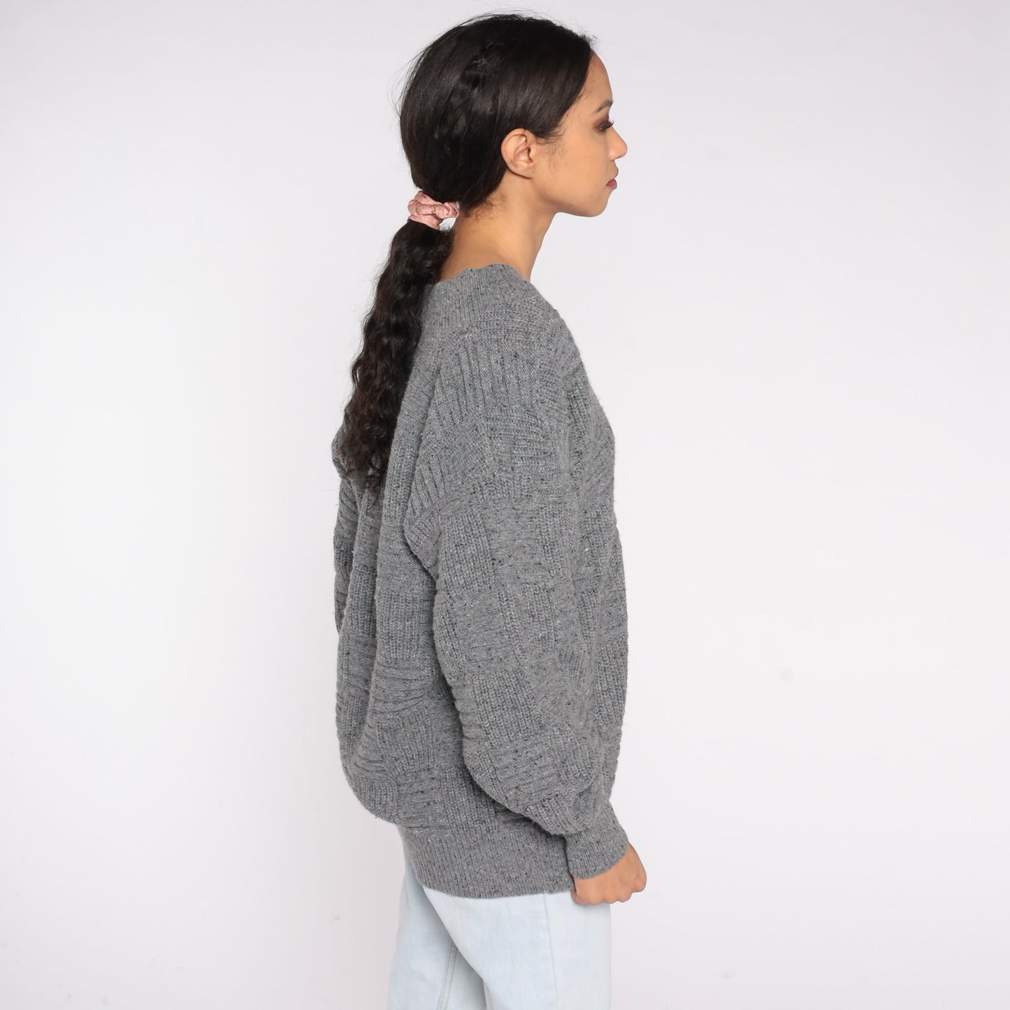Pierre Cardin 90s Grey Textured Knit V-Neck Sweater Pullover Small