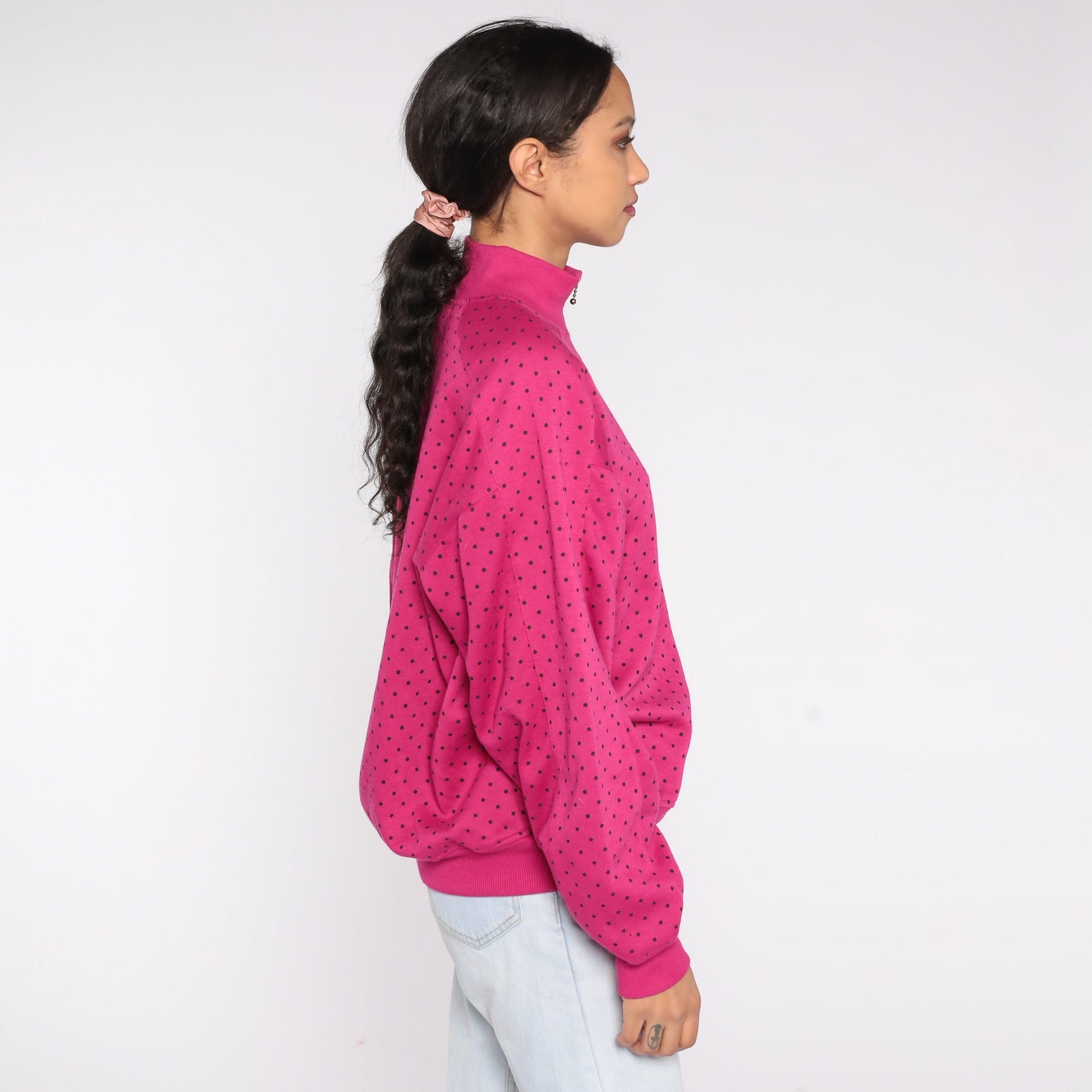 90s Pink Polka Dot Quarter Zip Sweatshirt Funnel Neck Pullover Large L