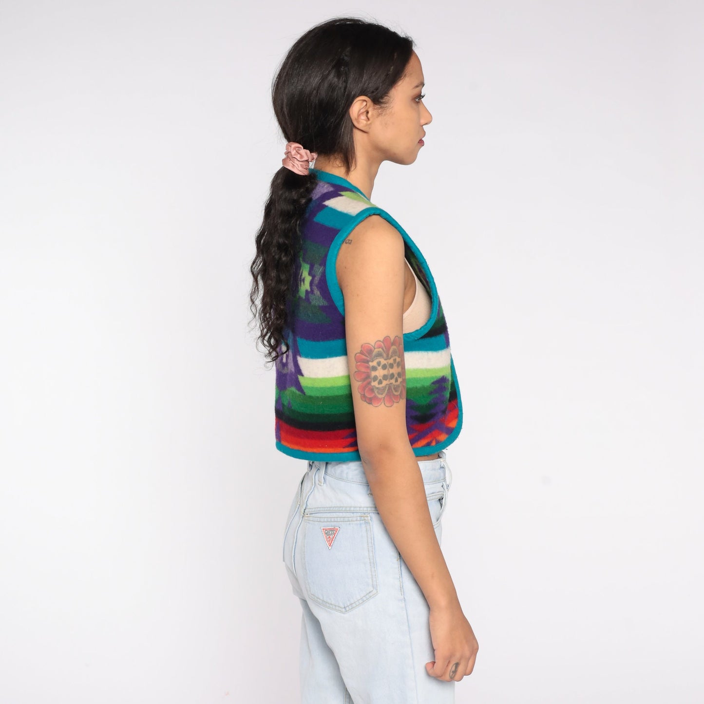90s Southwestern Blanket Print Vest Cropped Open Front Small