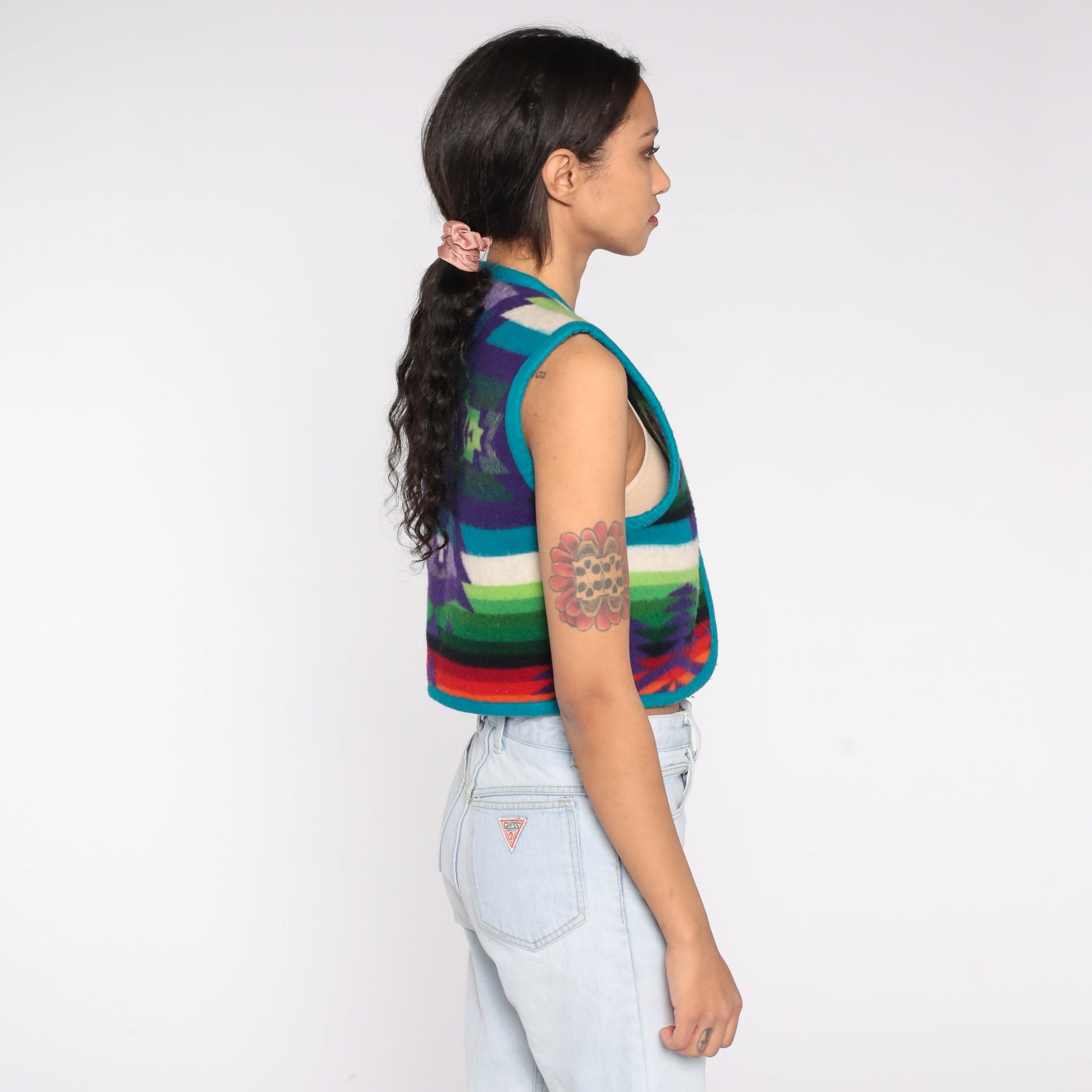 90s Southwestern Blanket Print Vest Cropped Open Front Small